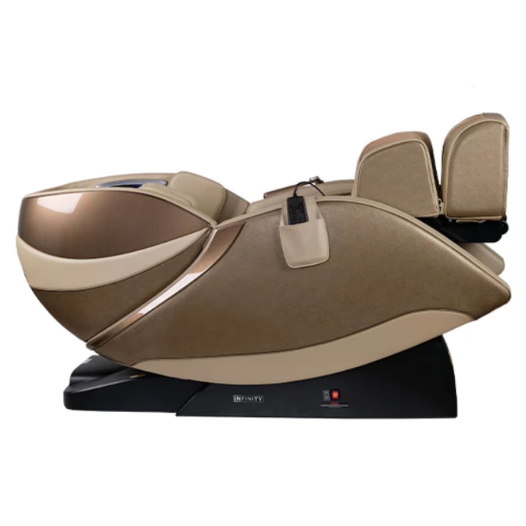 Infinity Evolution Max 4D Massage Chair Certified Pre-Owned Bronze Variant Side View In Fully Reclined Position On White Background