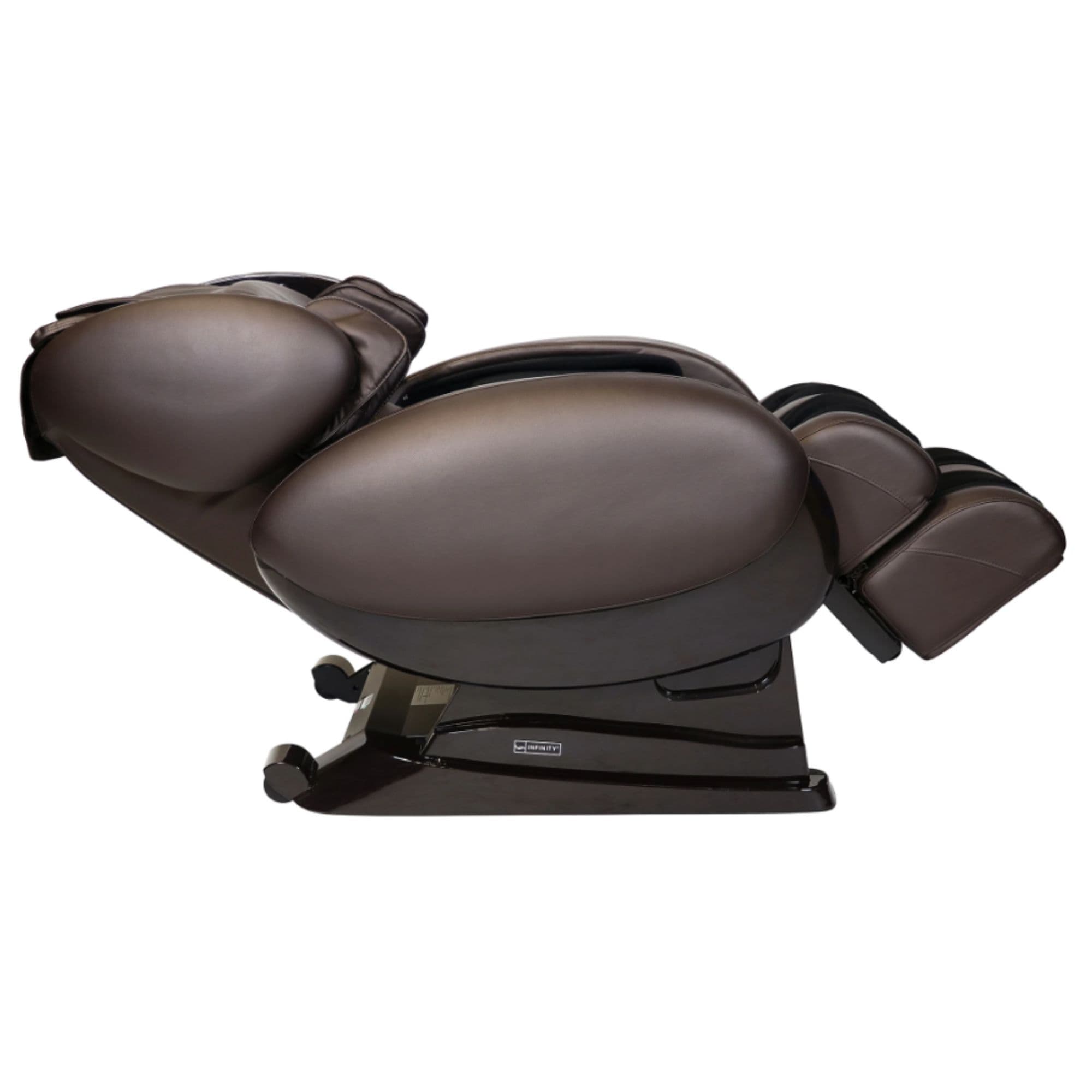 Infinity IT-8500 Plus Massage Chair Certified Pre-Owned Brown Variant Side View In Fully Reclined Position On White Background