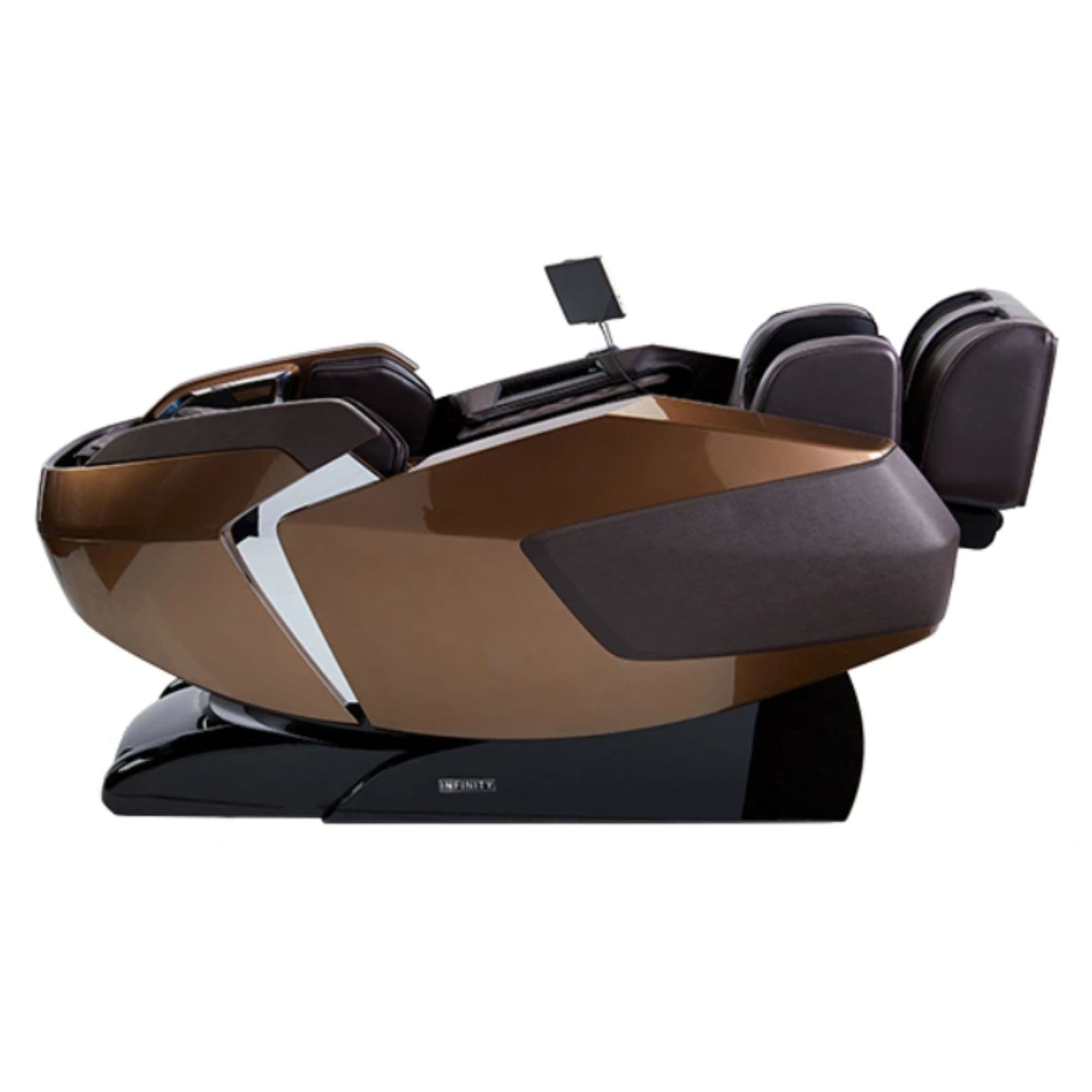 Infinity Imperial Massage Chair Certified Pre-Owned Dark Brown Variant Side View In Fully Reclined Position On White Background