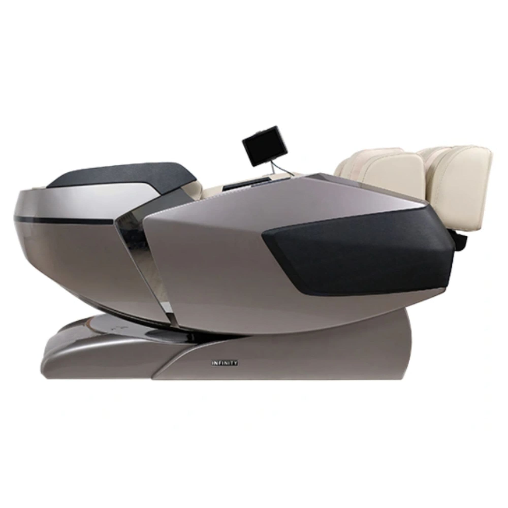 Infinity Imperial Massage Chair Certified Pre-Owned Dark Gray Or Tan Variant Side View In A Fully Reclined Position On White Background