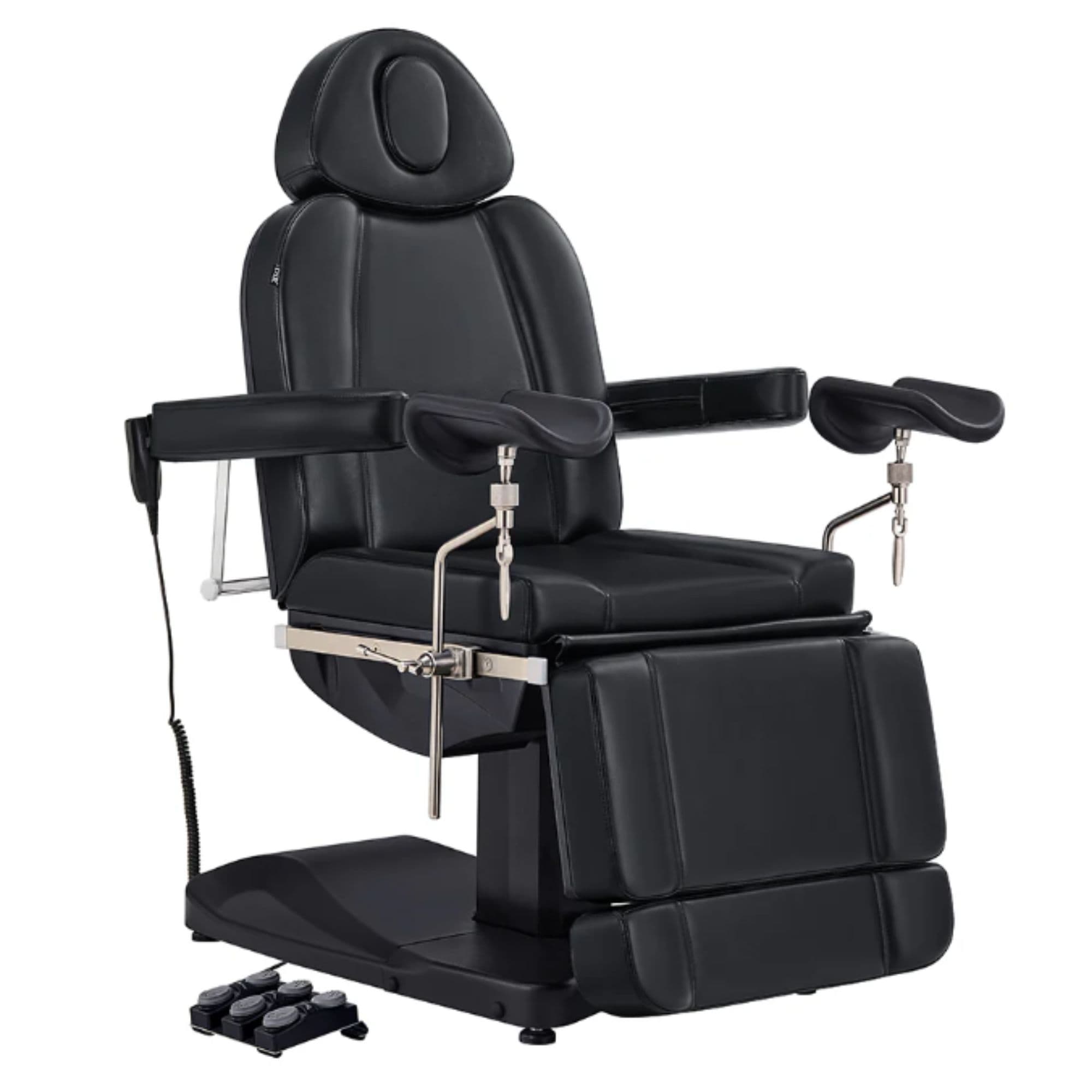 Ink 3-Motor Gynecology Chair with Stirrups Black Front Angled View On White Background