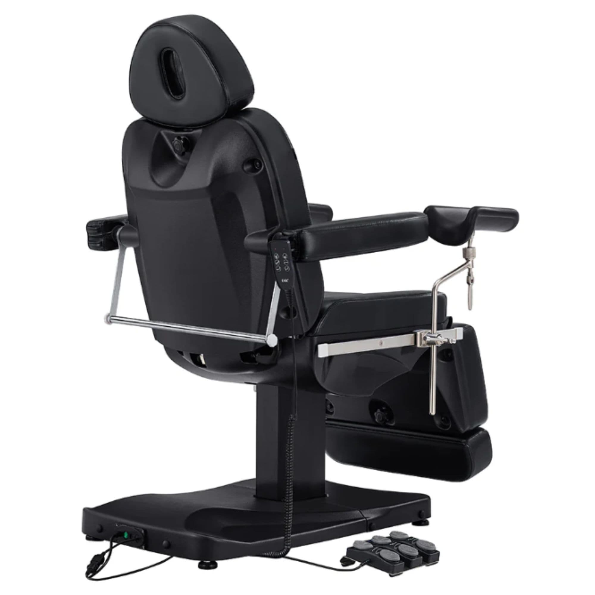 Ink 3-Motor Gynecology Chair with Stirrups Black Rear View With Remote Control On White Background