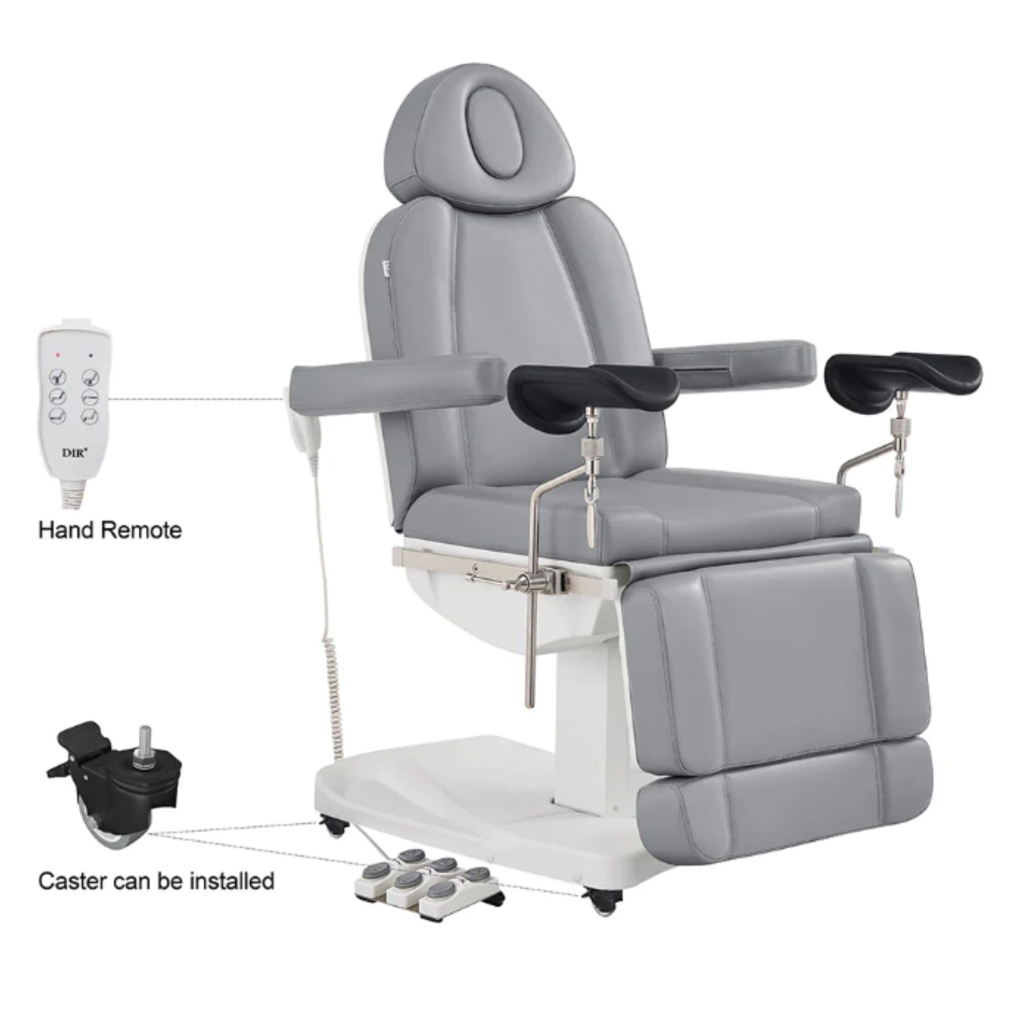 Ink 3-Motor Gynecology Chair with Stirrups Gray Side View With Close-up View Of Remote Control And Caster On White Background