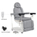 Ink 3-Motor Gynecology Chair with Stirrups Gray Side View With Close-up View Of Remote Control And Caster On White Background