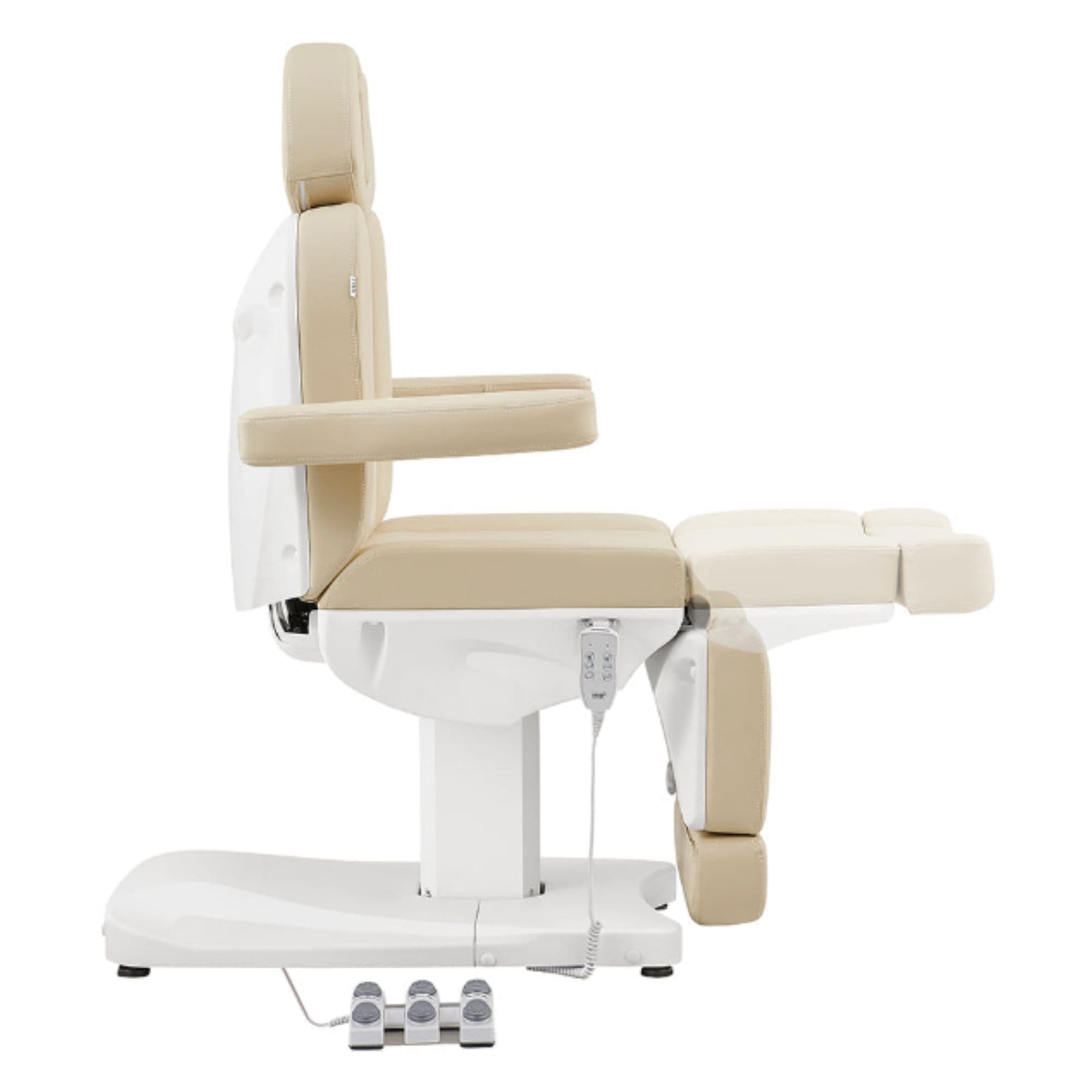 Ink 3-Motors Medical Spa Chair Beige Variant Side View Showing Extendable Footrest Positions On White Background
