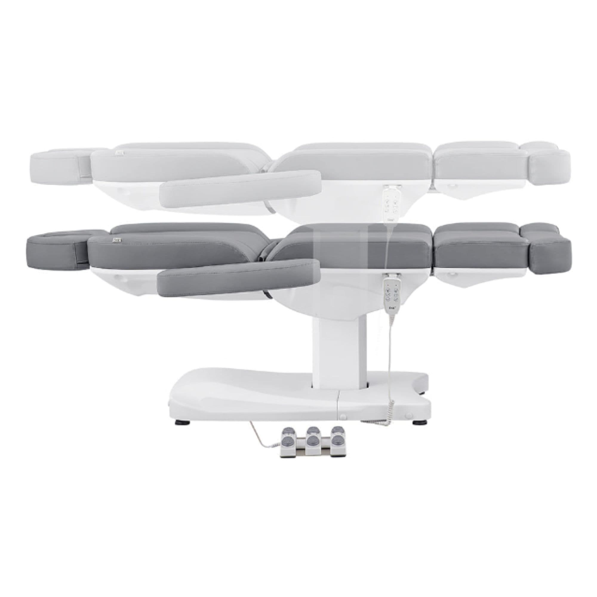Ink 3-Motors Medical Spa Chair Gray Variant Side View And Fully Reclined Demonstrating An Up And Down Adjustment On White Background