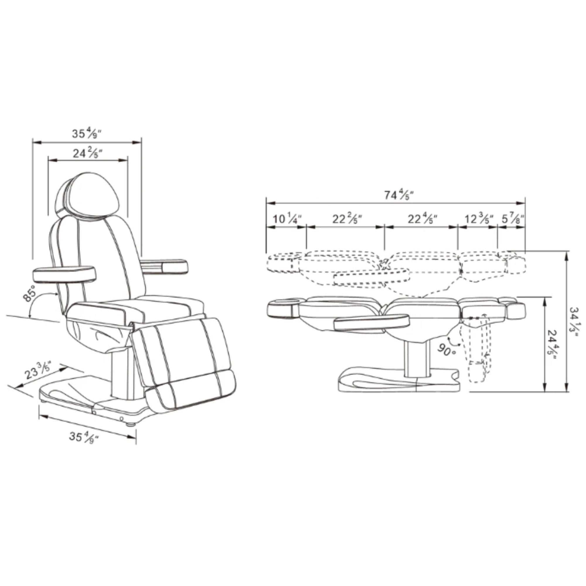 Ink 3-Motors Medical Spa Chair Product Dimension Diagram