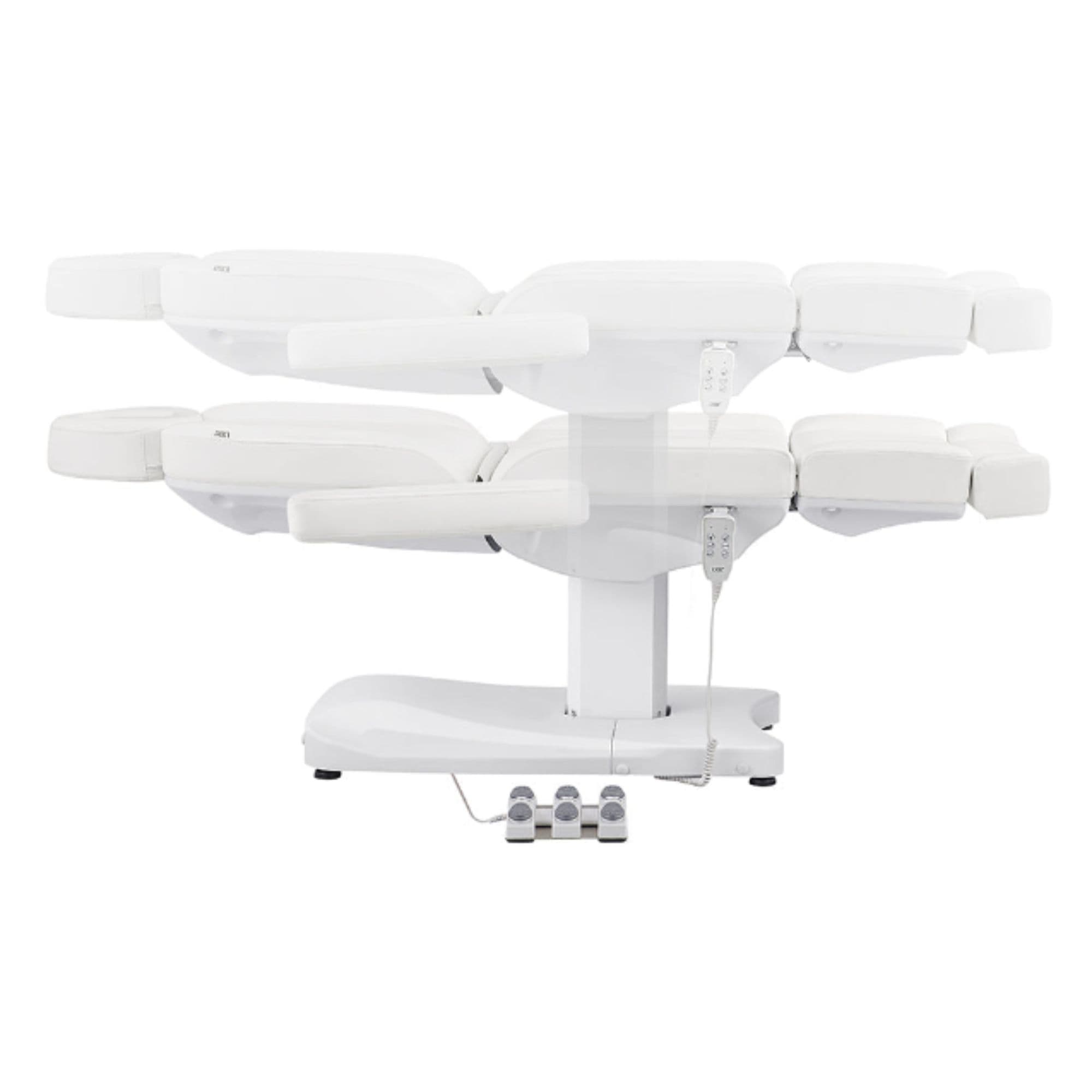Ink 3-Motors Medical Spa Chair White Variant Side View And Fully Reclined Demonstrating An Up And Down Adjustment On White Background
