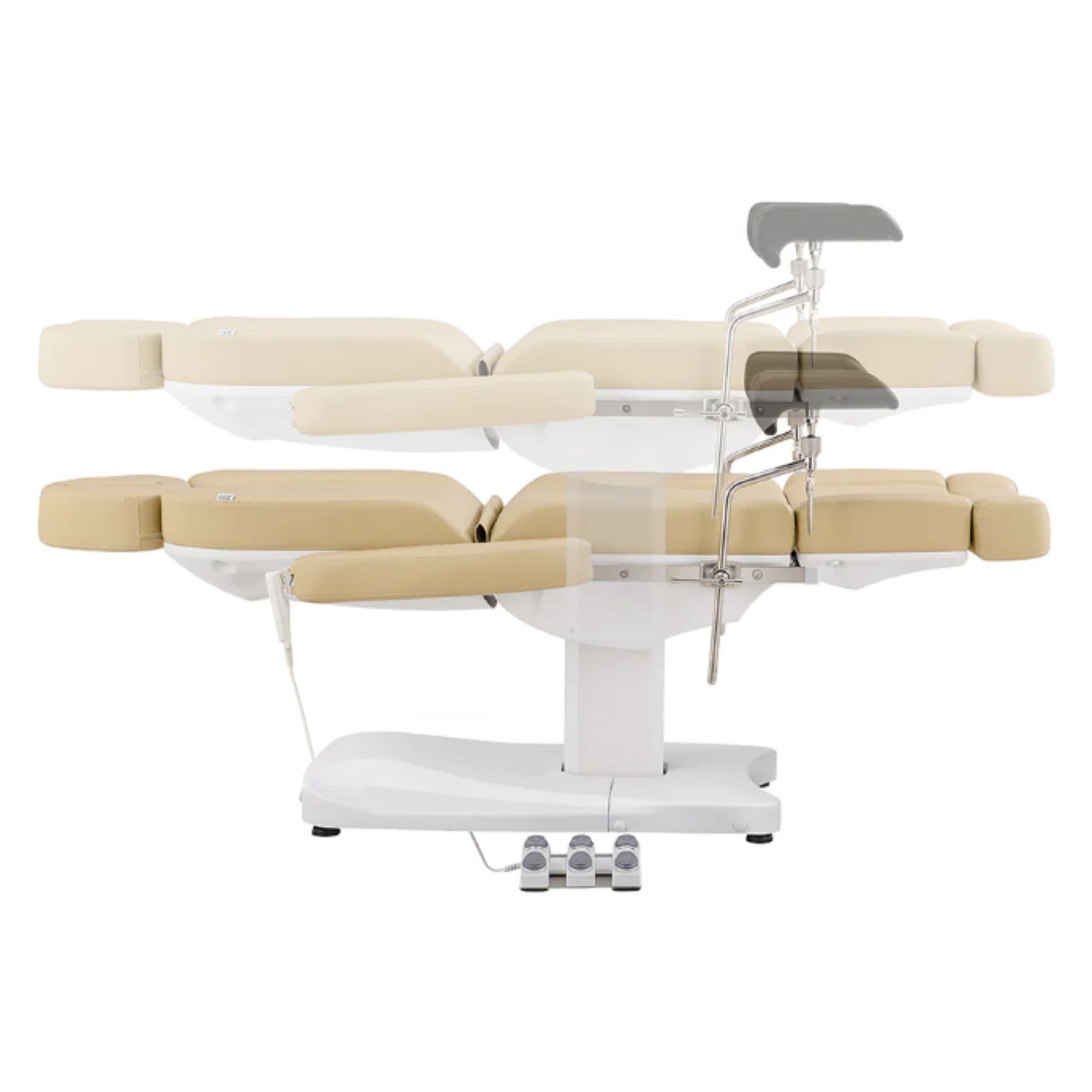 Ink OB 3-Motors Gyno Chair with Stirrups - OB GYN Beige Side View And Fully Reclined Demonstrating An Up And Down Adjustment On White Background