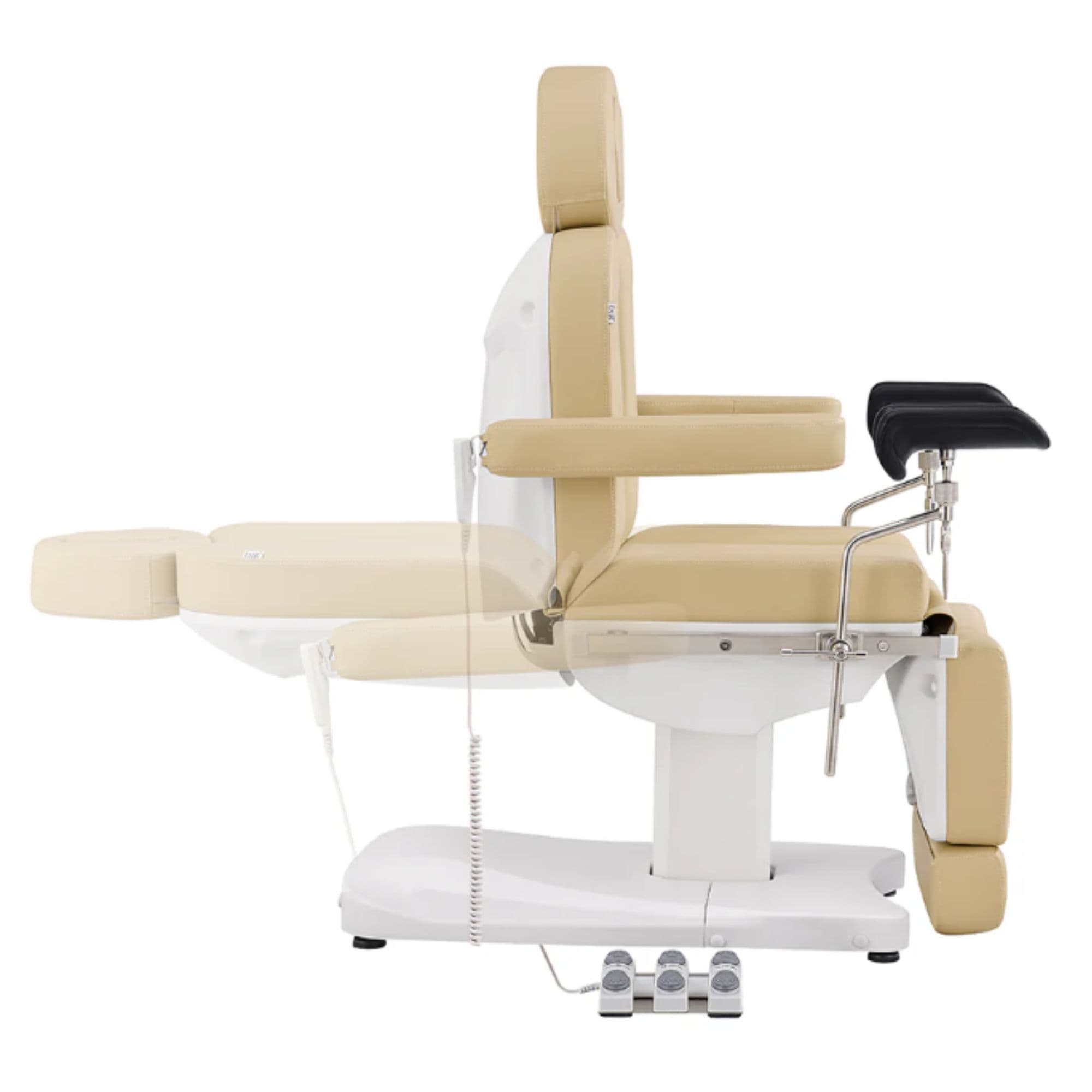 Ink OB 3-Motors Gyno Chair with Stirrups - OB GYN Beige Side View Demonstrating Recline Adjustment Range On White Background