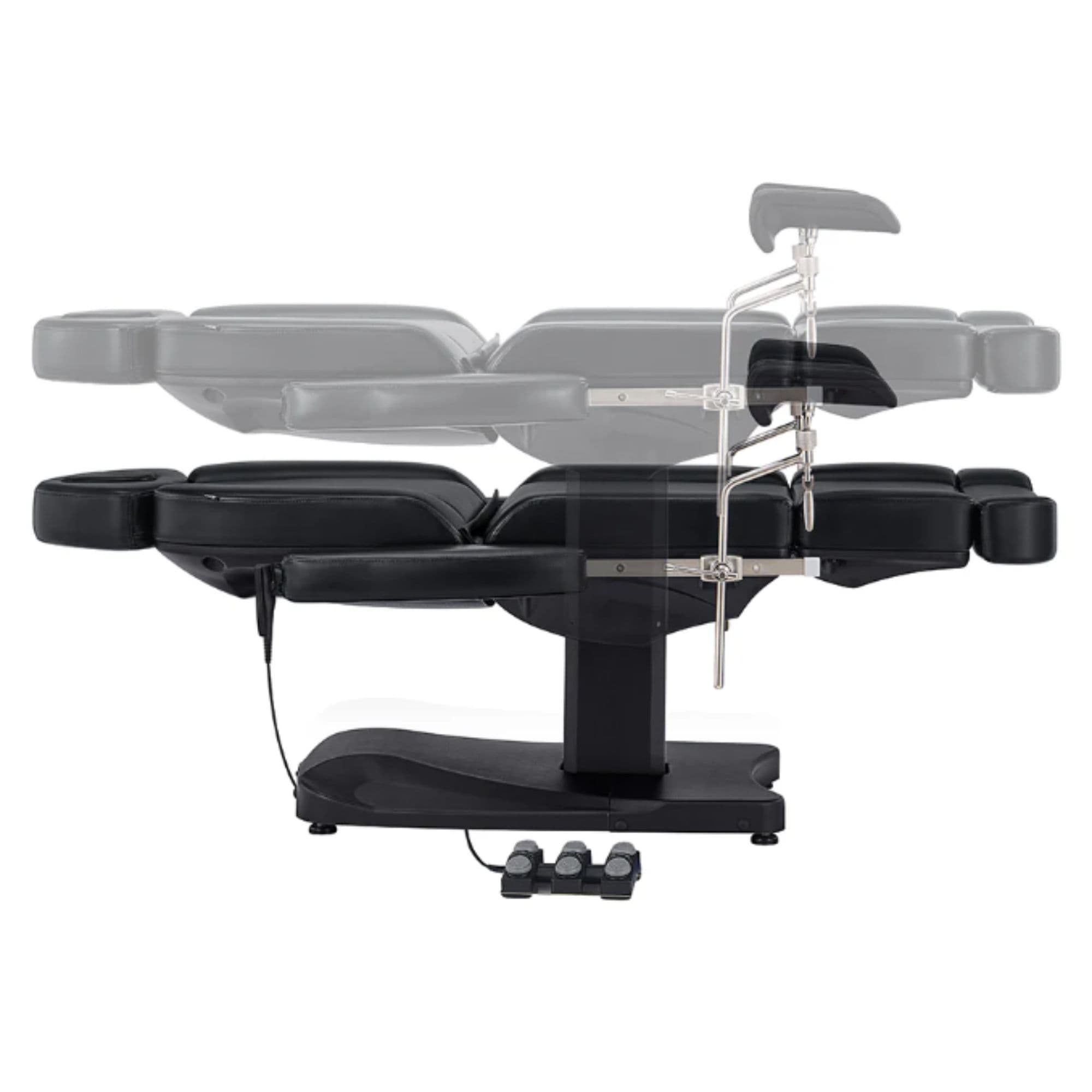 Ink OB 3-Motors Gyno Chair with Stirrups - OB GYN Black Side View And Fully Reclined Demonstrating An Up And Down Adjustment On White Background