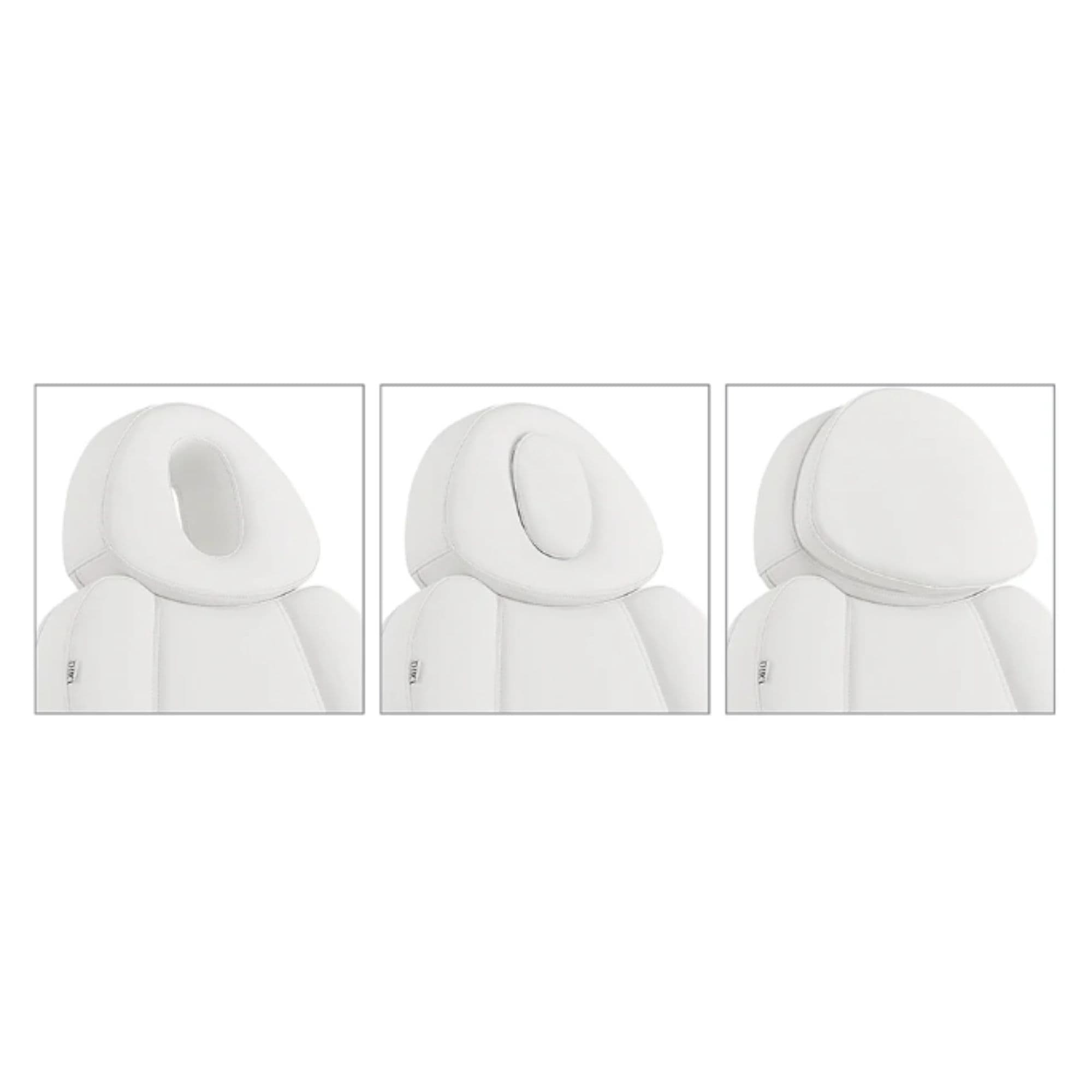 Ink OB 3-Motors Gyno Chair with Stirrups - OB GYN Close-Up Views Showing Multiple Headrest And Face Hole Options For White Variants