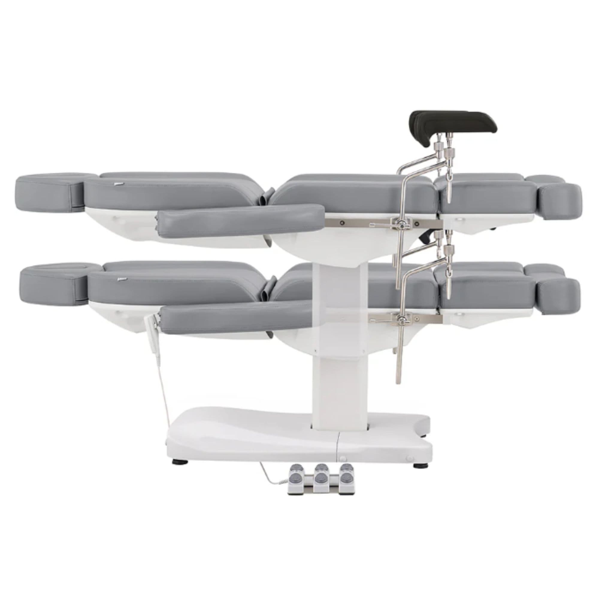 Ink OB 3-Motors Gyno Chair with Stirrups - OB GYN Gray Side View And Fully Reclined Demonstrating An Up And Down Adjustment On White Background