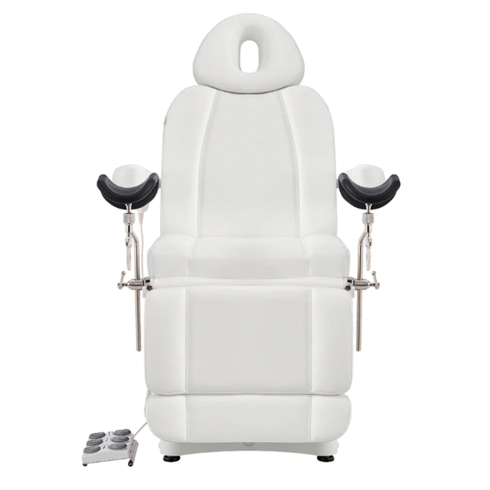 Ink OB 3-Motors Gyno Chair with Stirrups - OB GYN White Front View With Pedal Control On White Background