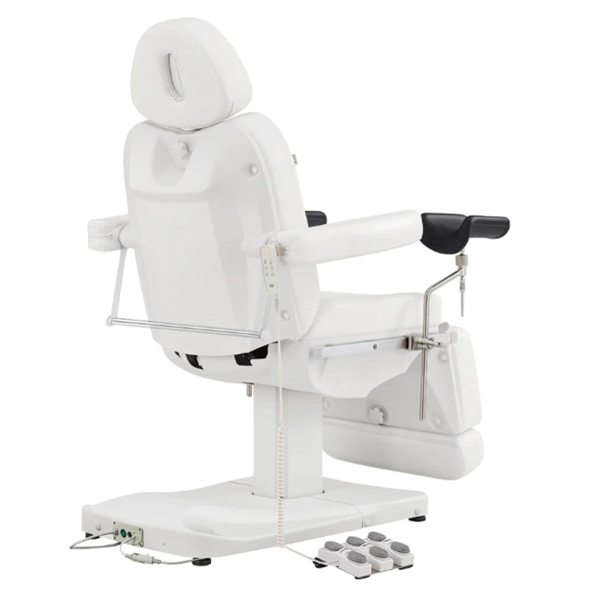 Ink OB 3-Motors Gyno Chair with Stirrups - OB GYN White Rear View With Remote Control On White Background