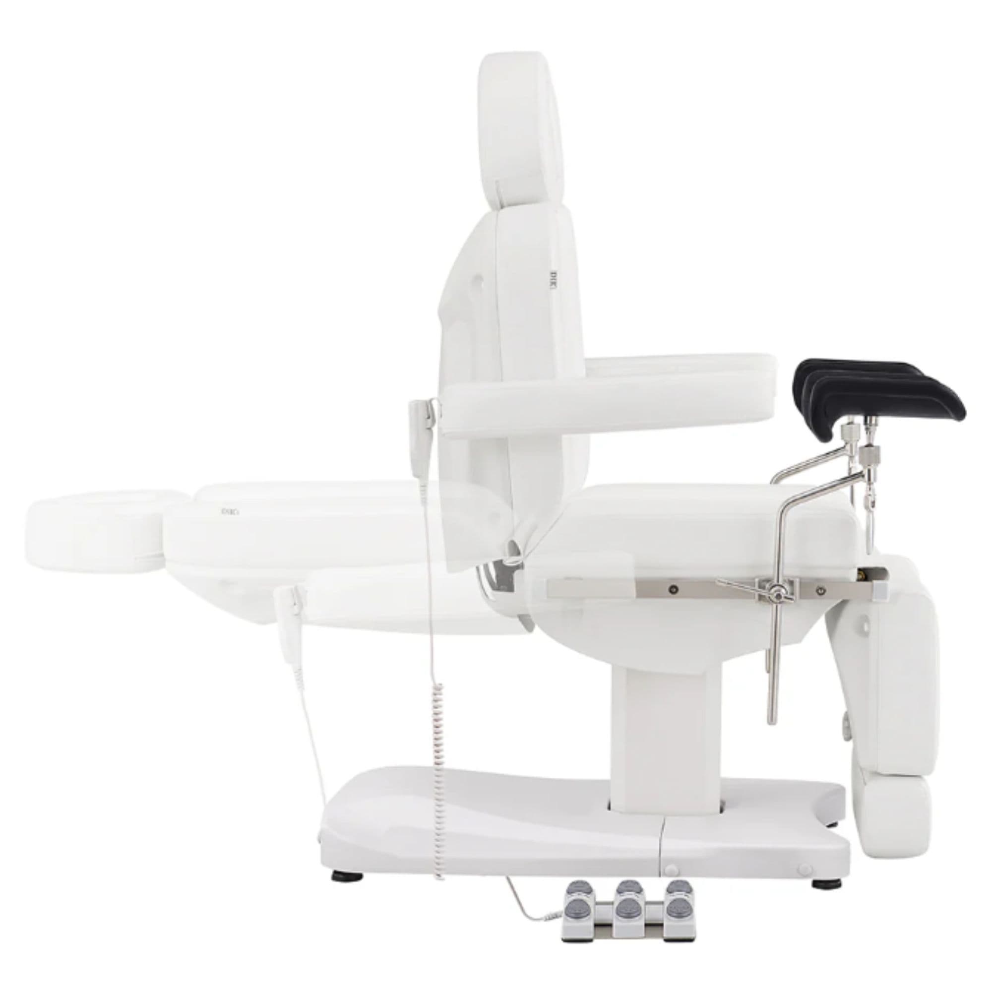 Ink OB 3-Motors Gyno Chair with Stirrups - OB GYN White Side View Demonstrating Recline Adjustment Range On White Background