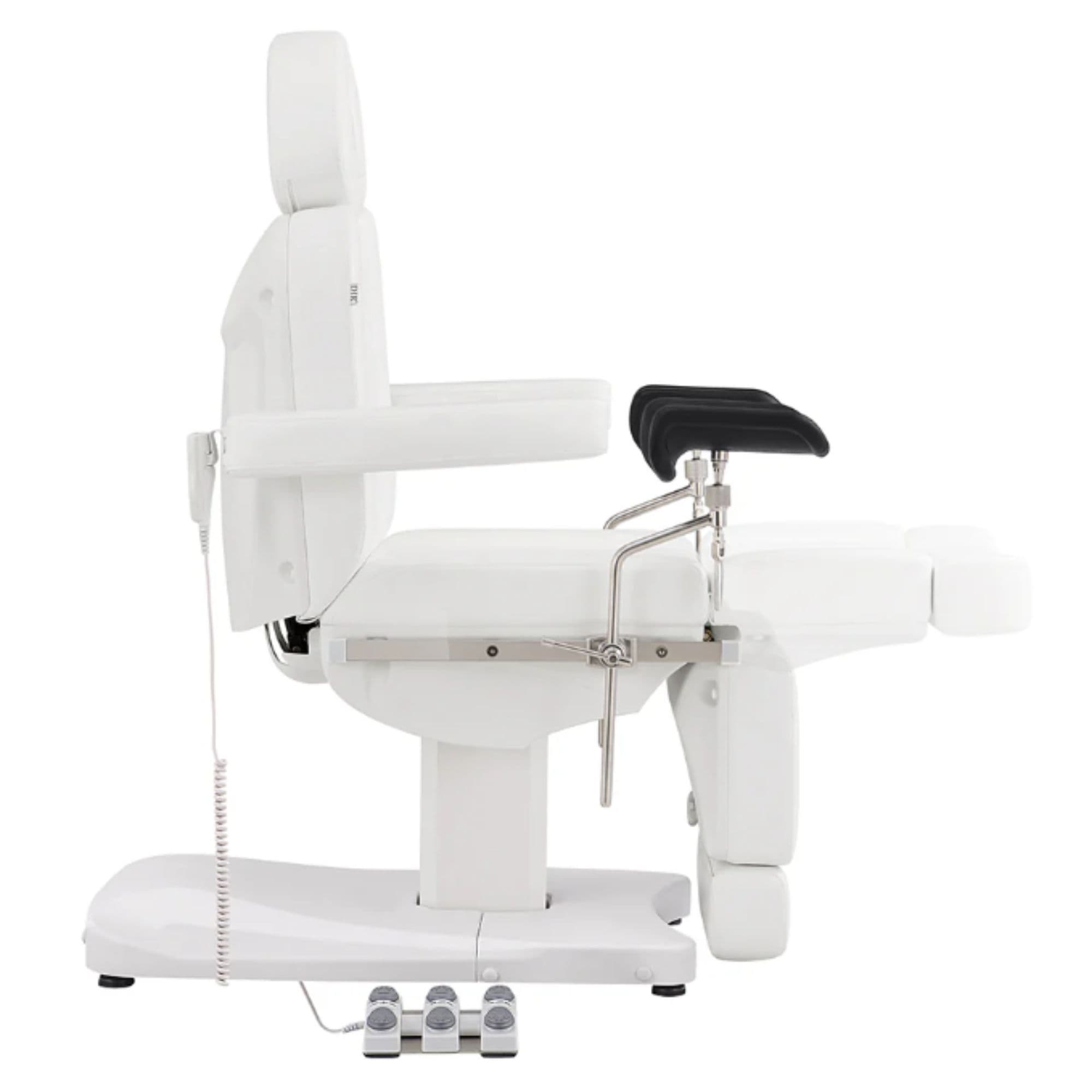 Ink OB 3-Motors Gyno Chair with Stirrups - OB GYN White Side View With Pedal Control Showing Extendable Footrest Positions On White Background
