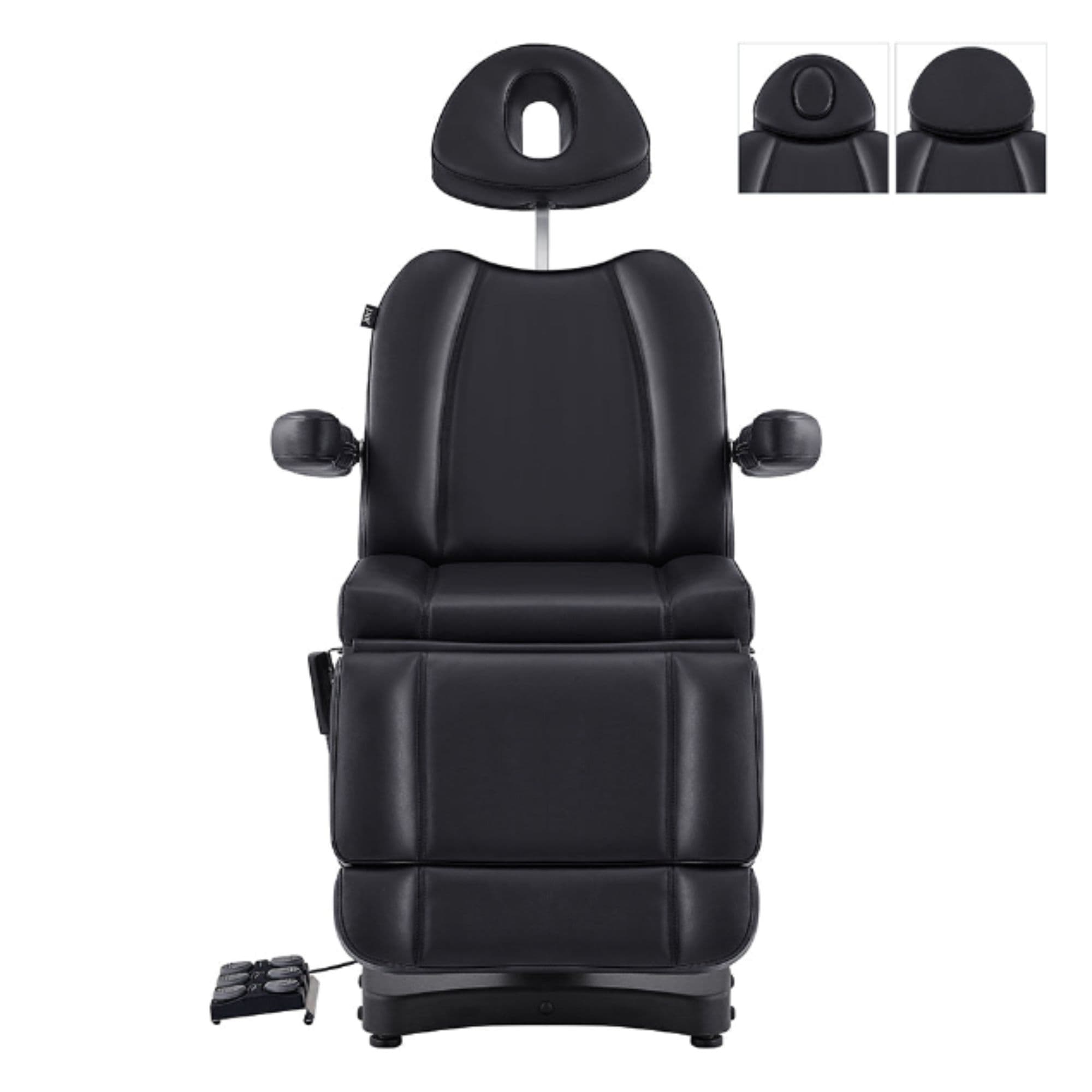 Ink Triple-Motor Medical Spa Treatment Chair Black Variant Front View With Pulled out Headrest And Different Options On White Background