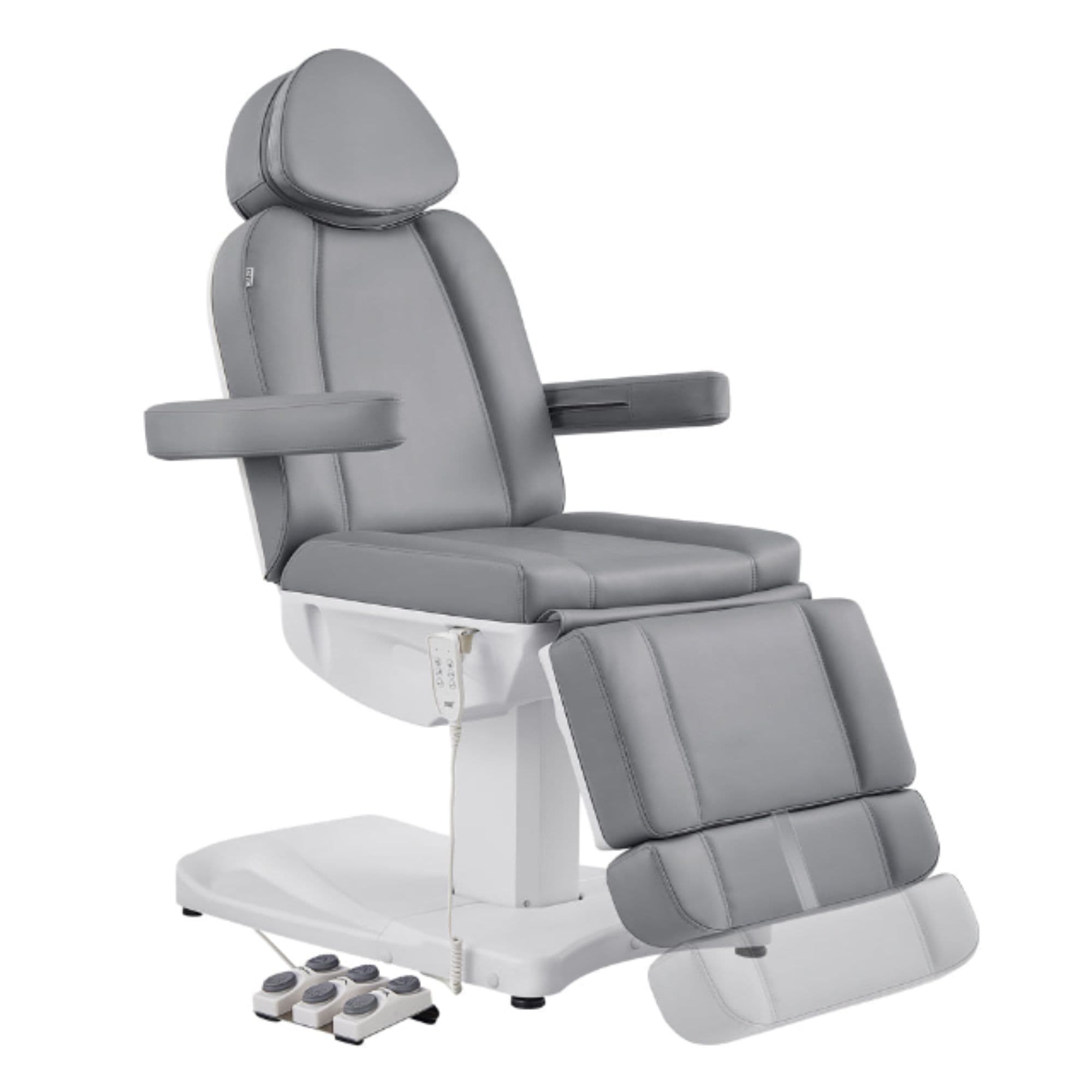 Ink Triple-Motor Medical Spa Treatment Chair Gray Variant Front Angled View Demonstrating Leg Rest Extension Range On White Background