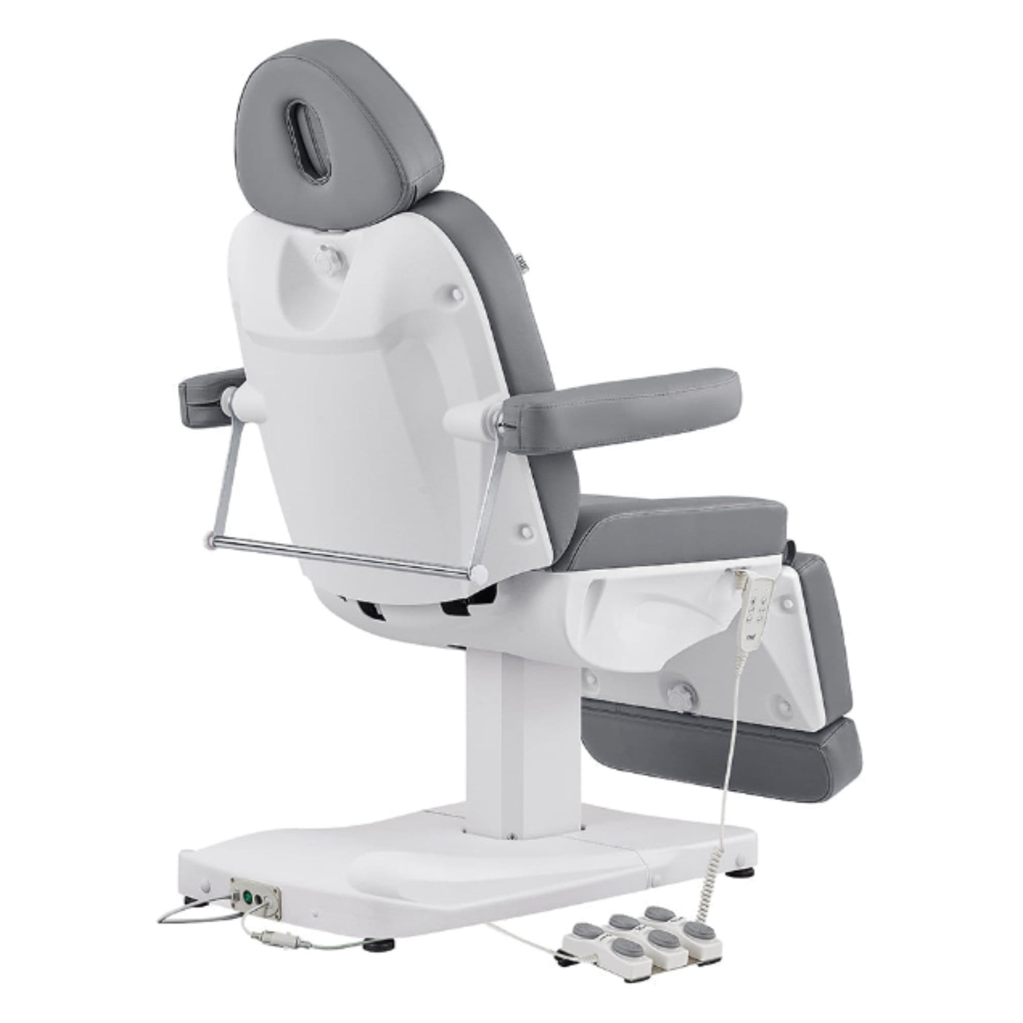 Ink Triple-Motor Medical Spa Treatment Chair Gray Variant Rear View With Remote Control On White Background