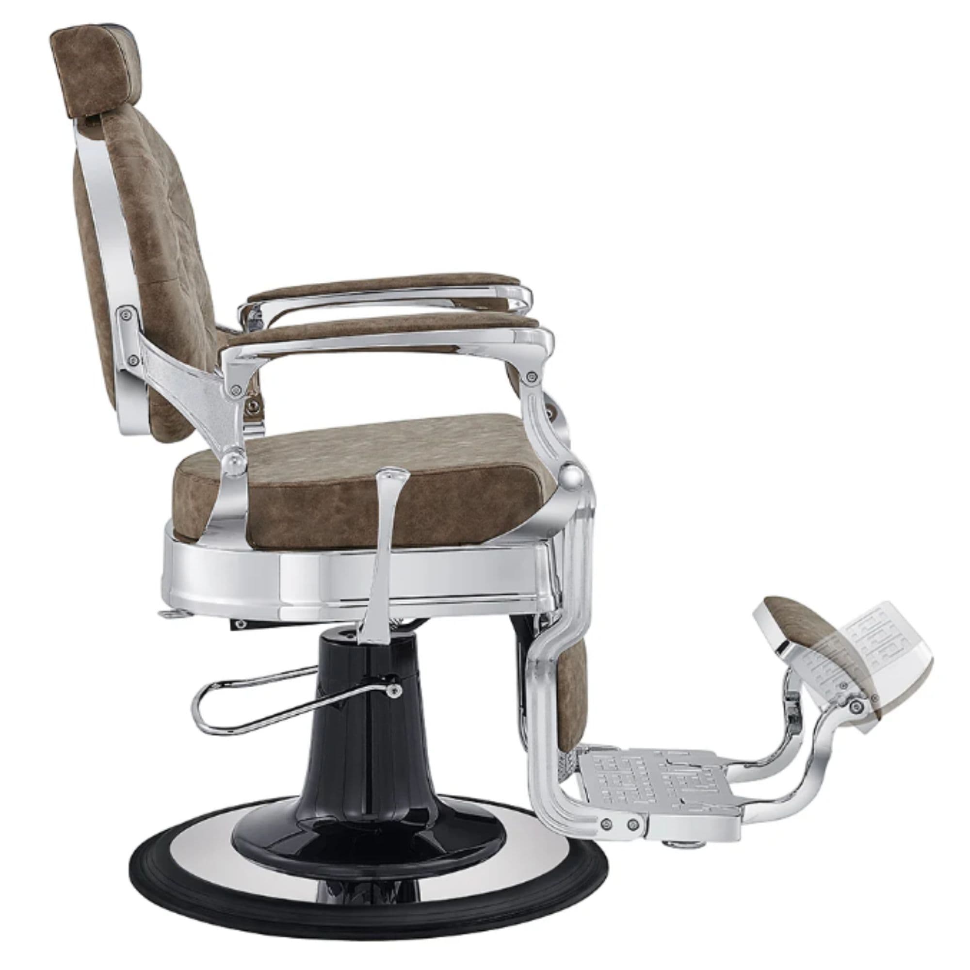 Julius Extra-Duty Professional Barber Chair Vintage Brown Variant Side View Demonstrating The Swing Range Of Foot Rest Extension On White Background
