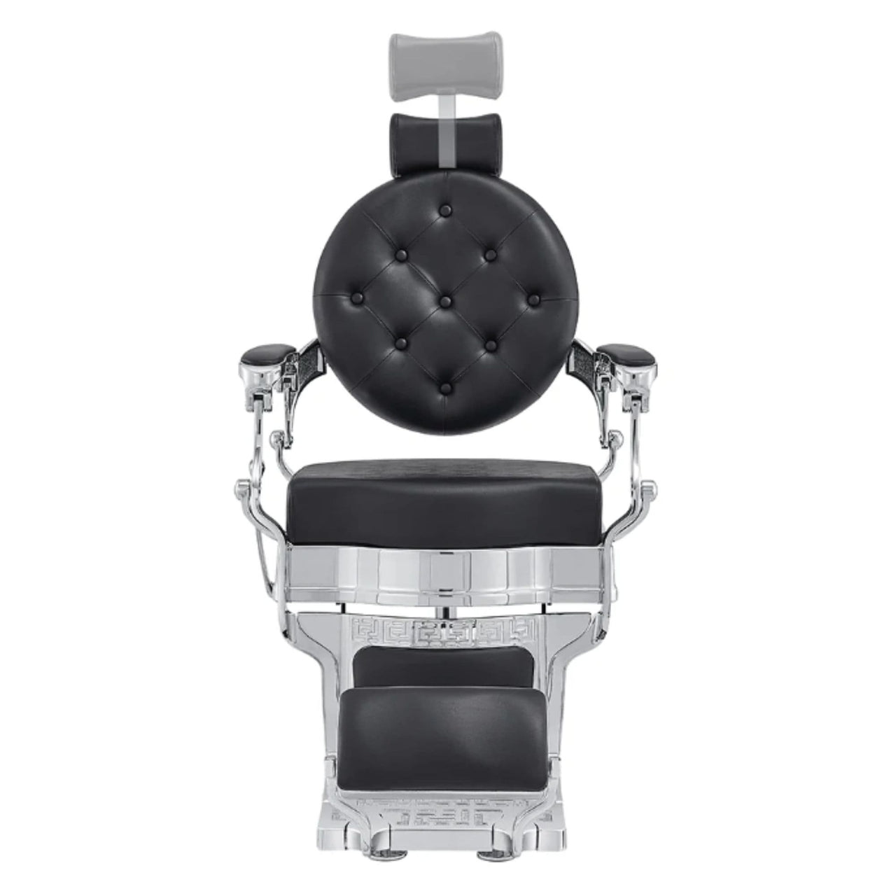 Julius Heavy Duty Barber Chair Black Variant Front View Demonstrating Pull Out Headrest Range On White Background