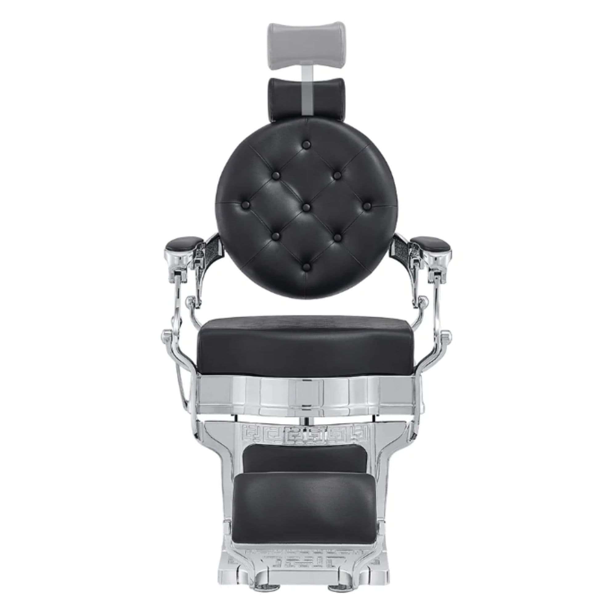 Julius Heavy Duty Barber Chair Black Variant Front View Demonstrating Pull Out Headrest Range On White Background