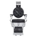 Julius Heavy Duty Barber Chair Black Variant Front View Demonstrating Pull Out Headrest Range On White Background