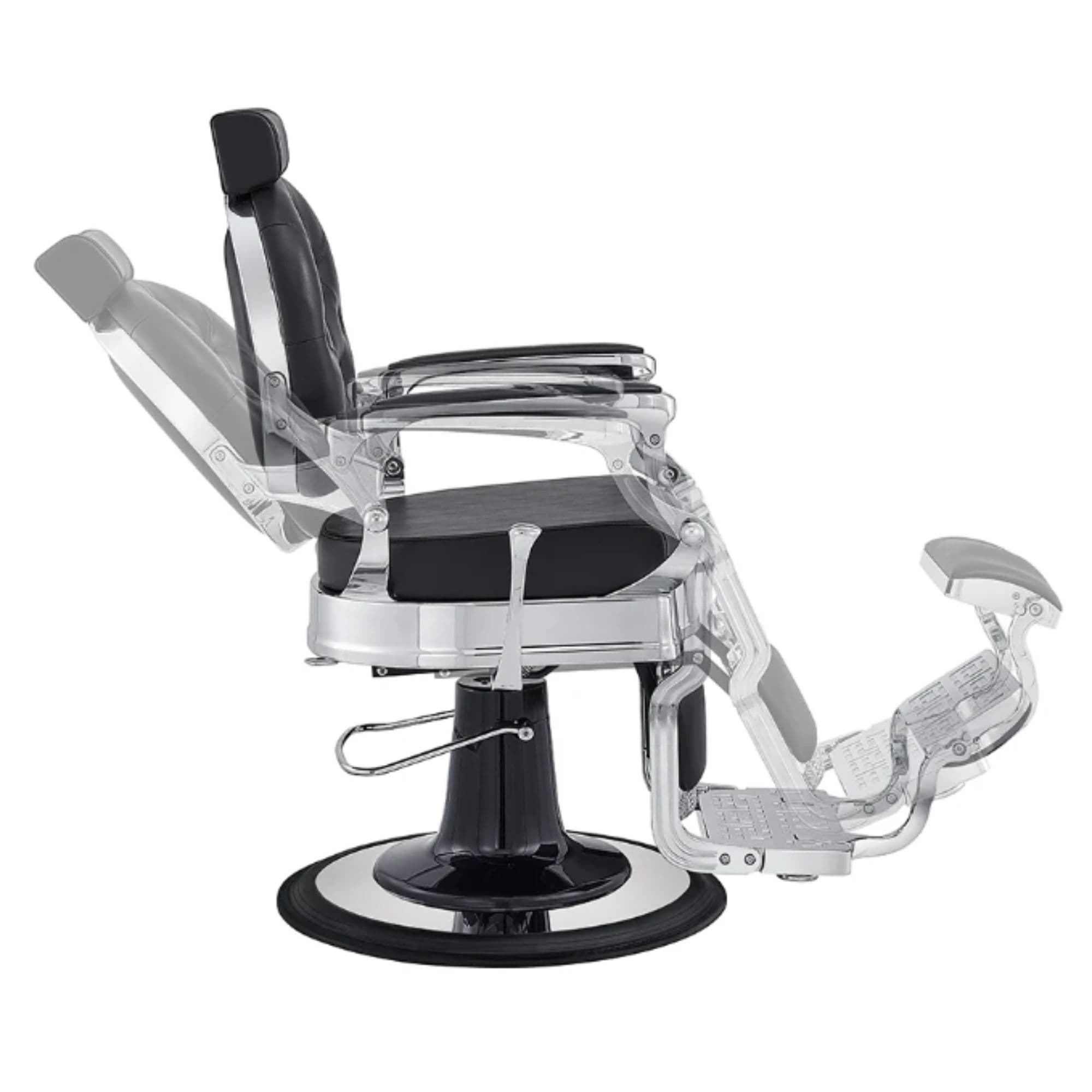 Julius Heavy Duty Barber Chair Black Variant Side View Demonstrating Swing Adjustment On White Background