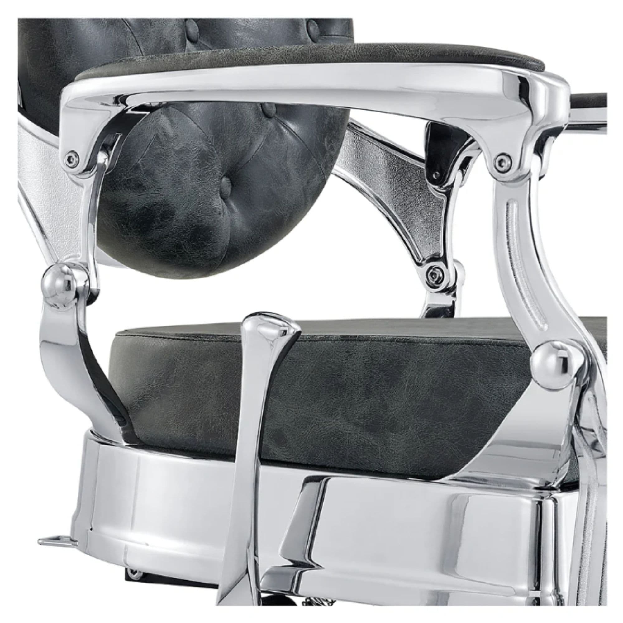 Julius Heavy Duty Barber Chair Close-Up View Of Decorative Metallic Armrest Support And Vintage Black Upholstered Seat