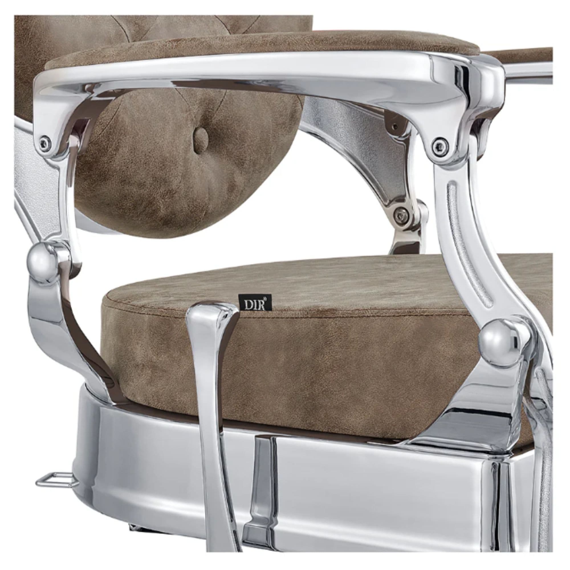 Julius Heavy Duty Barber Chair Close-Up View Of Decorative Metallic Armrest Support And Vintage Brown Upholstered Seat