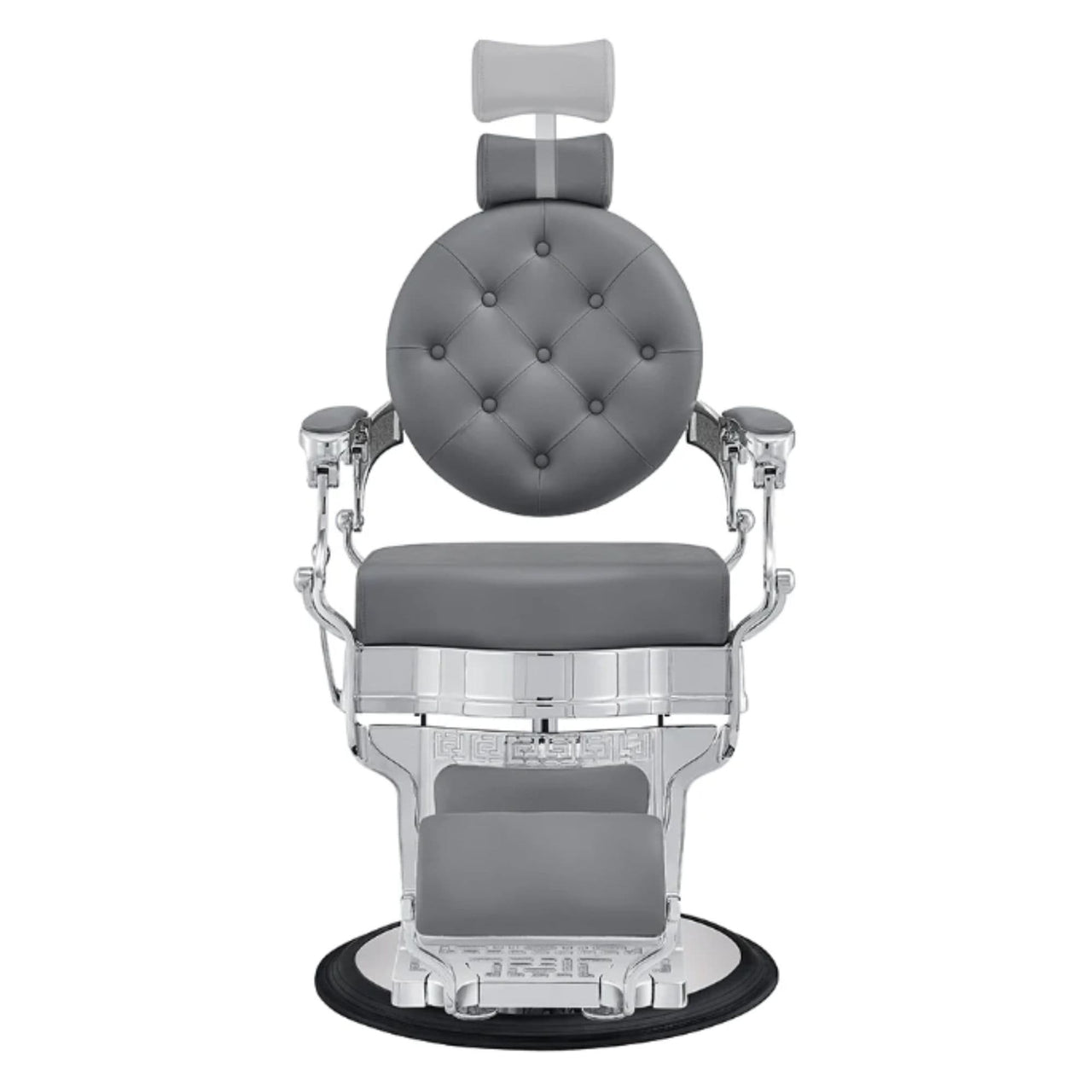 Julius Heavy Duty Barber Chair Gray Variant Front View Demonstrating Pull Out Headrest Range On White Background