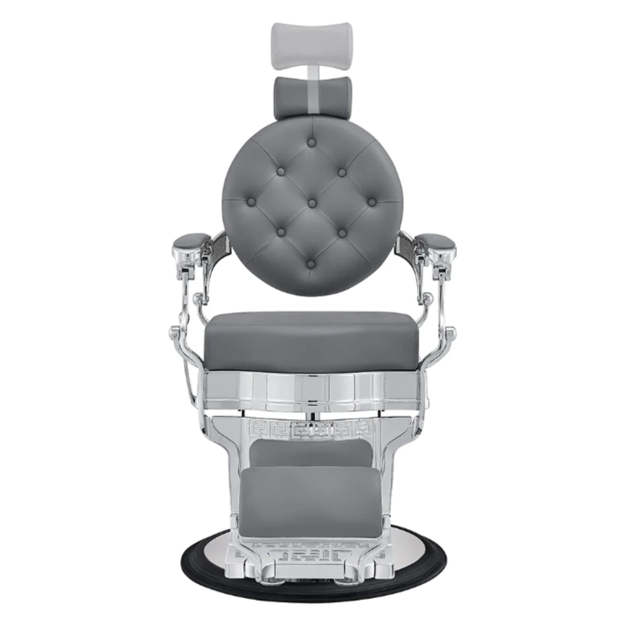 Julius Heavy Duty Barber Chair Gray Variant Front View Demonstrating Pull Out Headrest Range On White Background