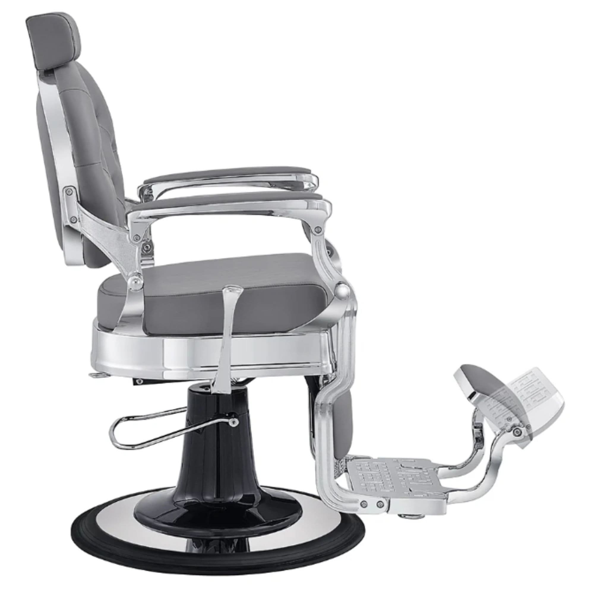 Julius Heavy Duty Barber Chair Gray Variant Side View Demonstrating The Swing Range Of Foot Rest Extension On White Background