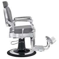 Thumbnail for Julius Heavy Duty Barber Chair Gray Variant Side View Demonstrating The Swing Range Of Foot Rest Extension On White Background