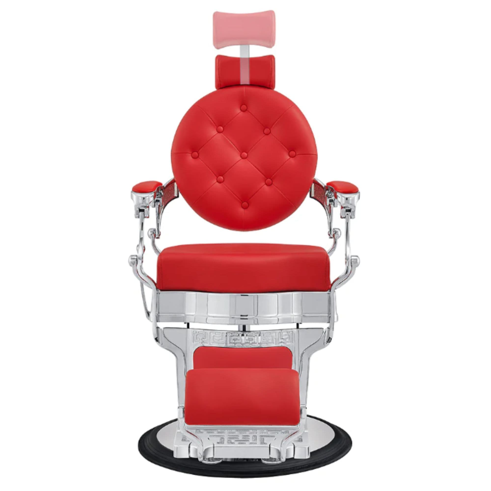 Julius Heavy Duty Barber Chair Red Variant Front View Demonstrating Pull Out Headrest Range On White Background