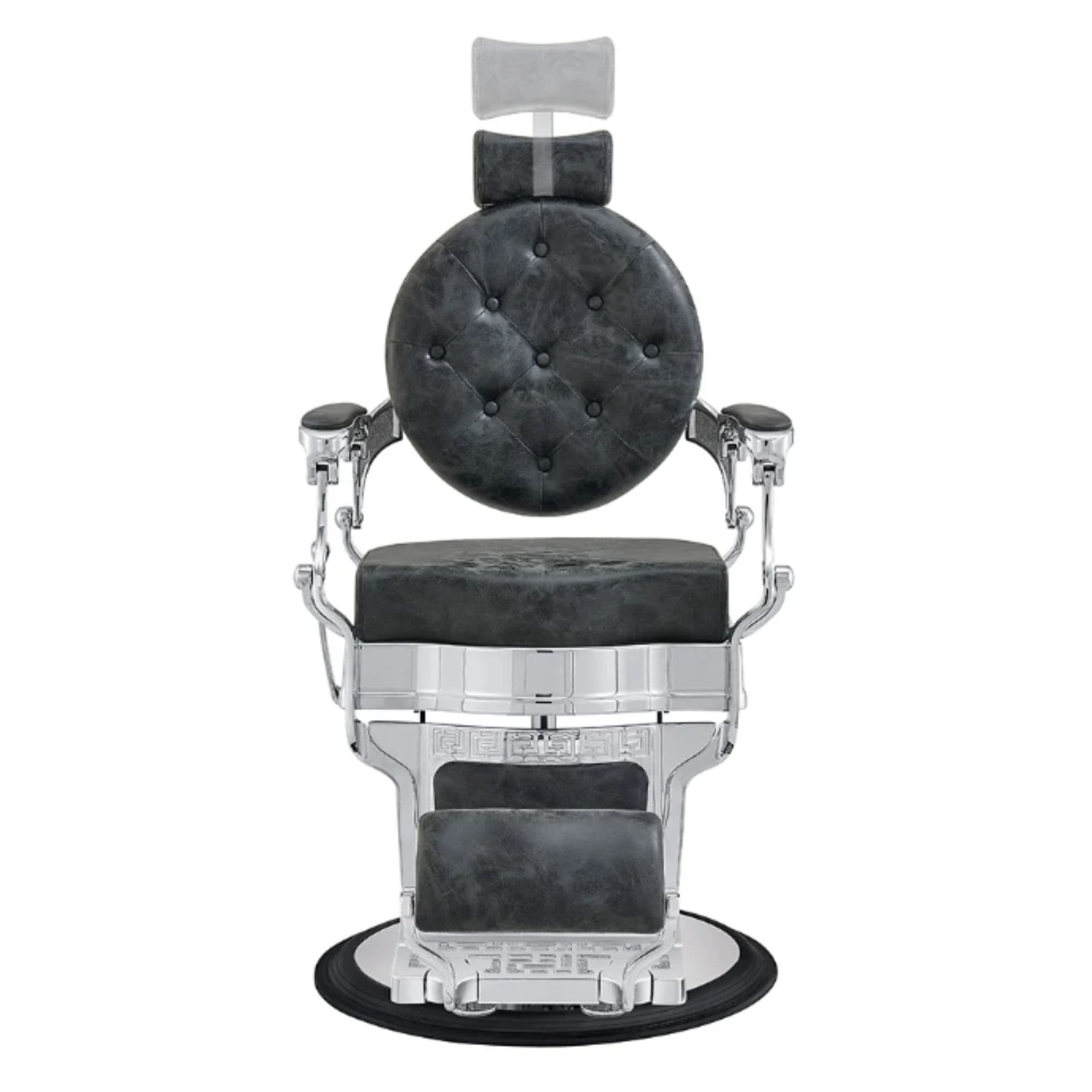 Julius Heavy Duty Barber Chair Vintage Black Variant Front View Demonstrating Pull Out Headrest Range On White Background