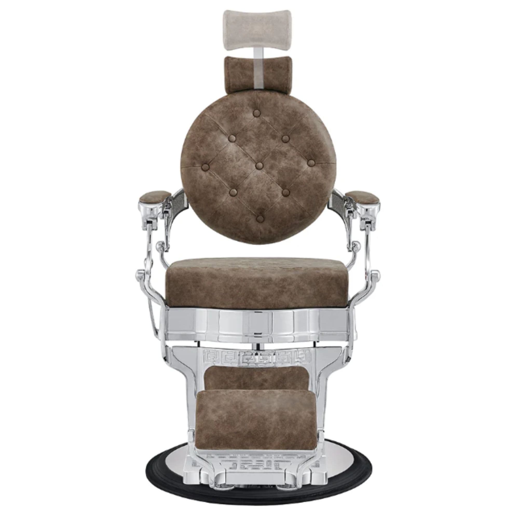 Julius Heavy Duty Barber Chair Vintage Brown Variant Front View Demonstrating Pull Out Headrest Range On White Background
