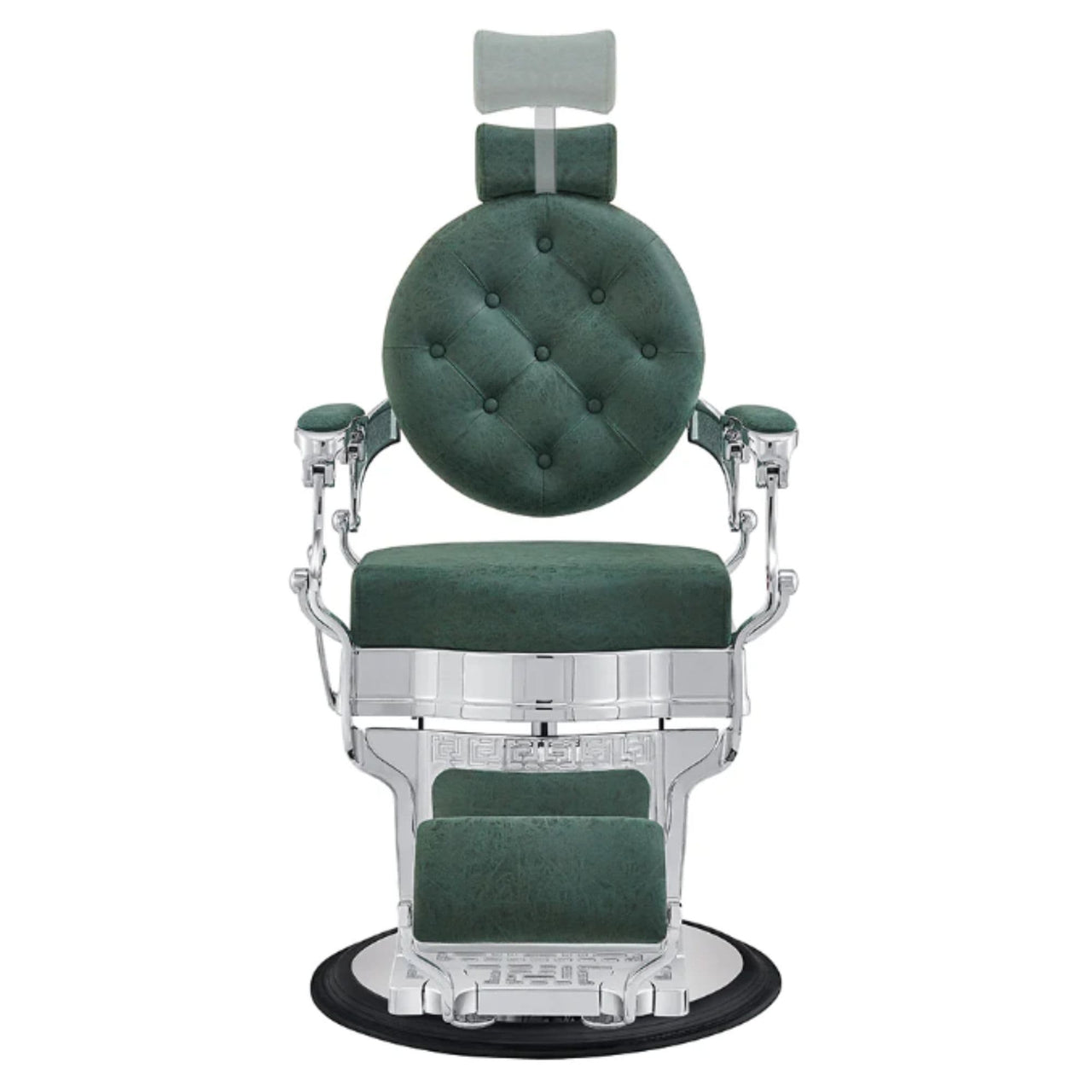 Julius Heavy Duty Barber Chair Vintage Green Variant Front View Demonstrating Pull Out Headrest Range On White Background