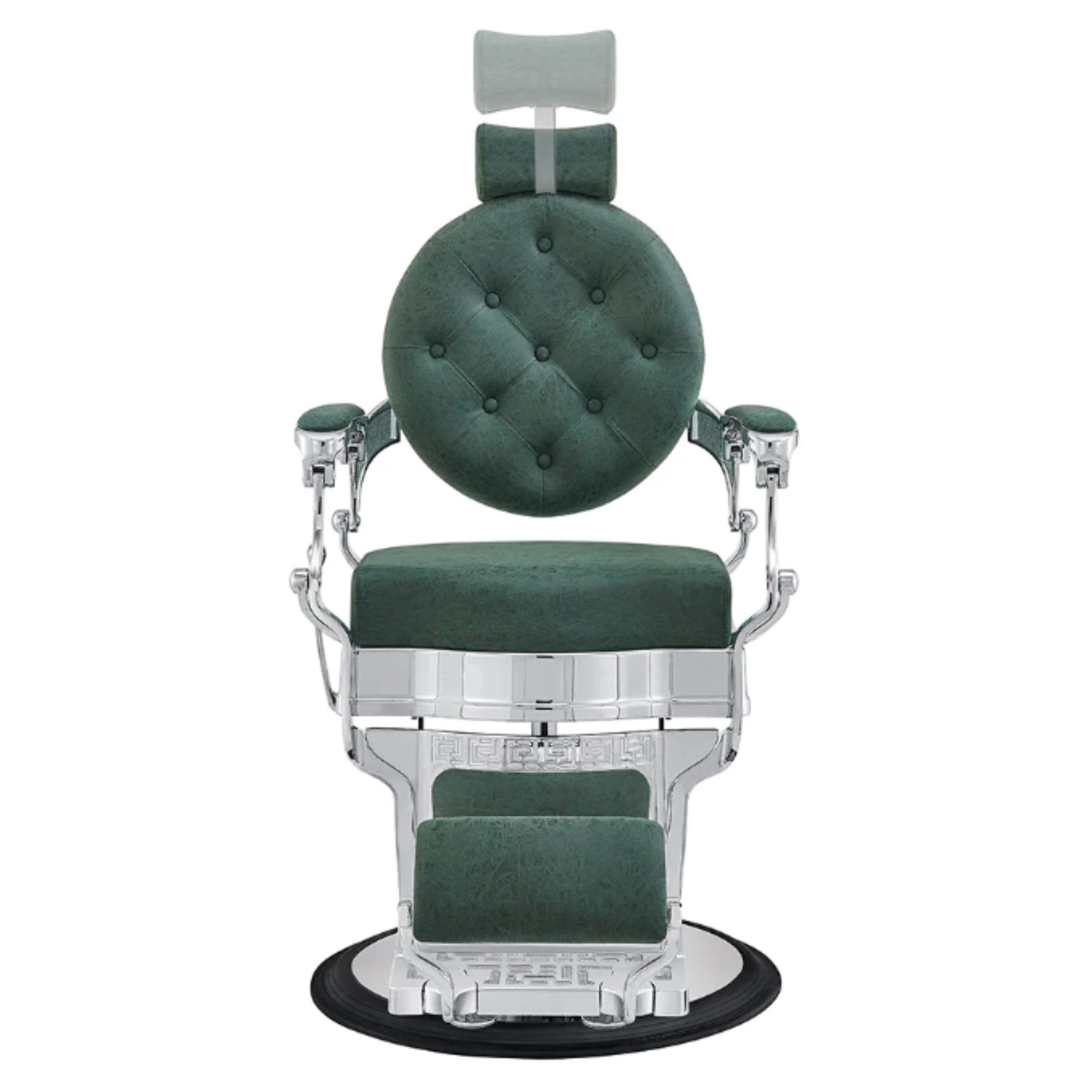 Julius Heavy Duty Barber Chair Vintage Green Variant Front View Demonstrating Pull Out Headrest Range On White Background