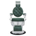 Julius Heavy Duty Barber Chair Vintage Green Variant Front View Demonstrating Pull Out Headrest Range On White Background