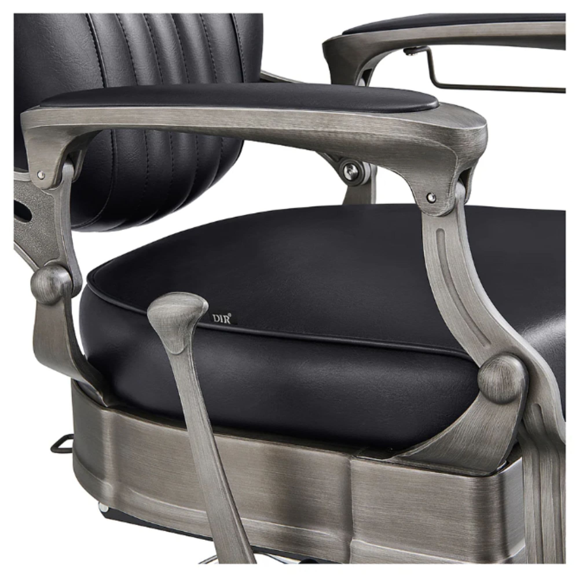 Kaiser Retro Classic Barber Chair Close-Up View Of Decorative Armrest Support And Black Upholstered Seat