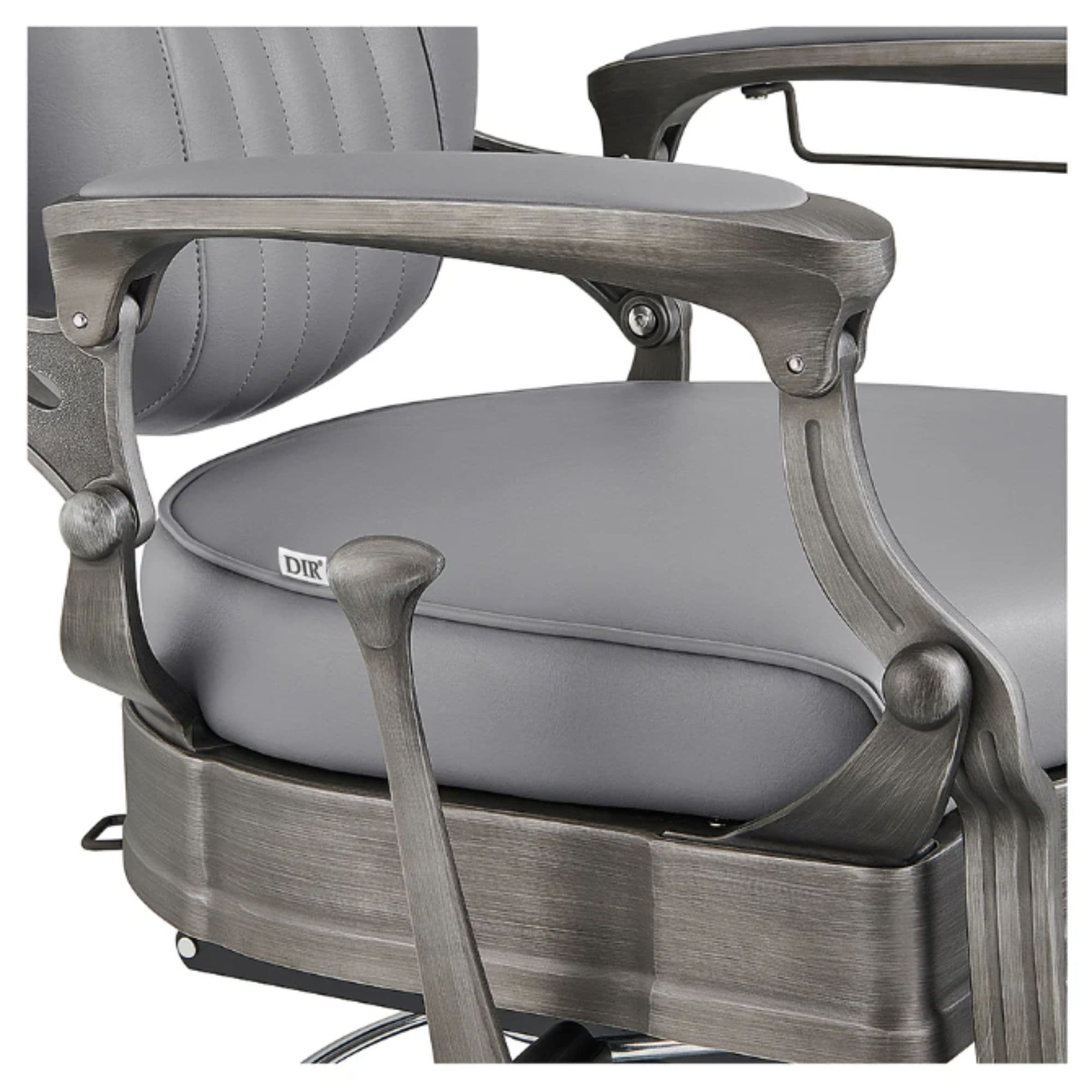 Kaiser Retro Classic Barber Chair Close-Up View Of Decorative Armrest Support And Gray Upholstered Seat