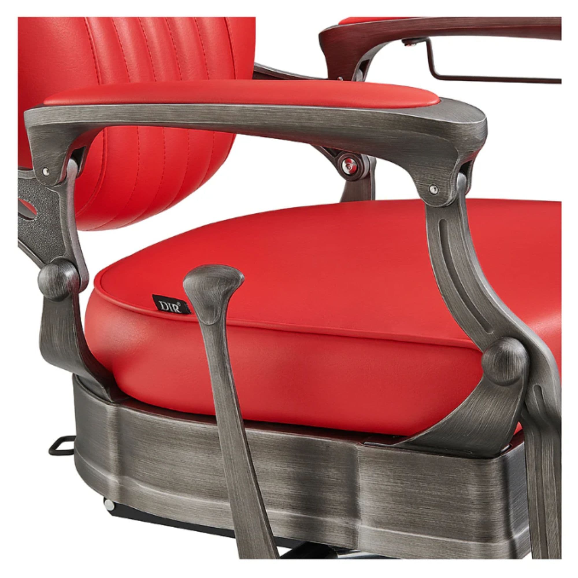 Kaiser Retro Classic Barber Chair Close-Up View Of Decorative Armrest Support And Red Upholstered Seat