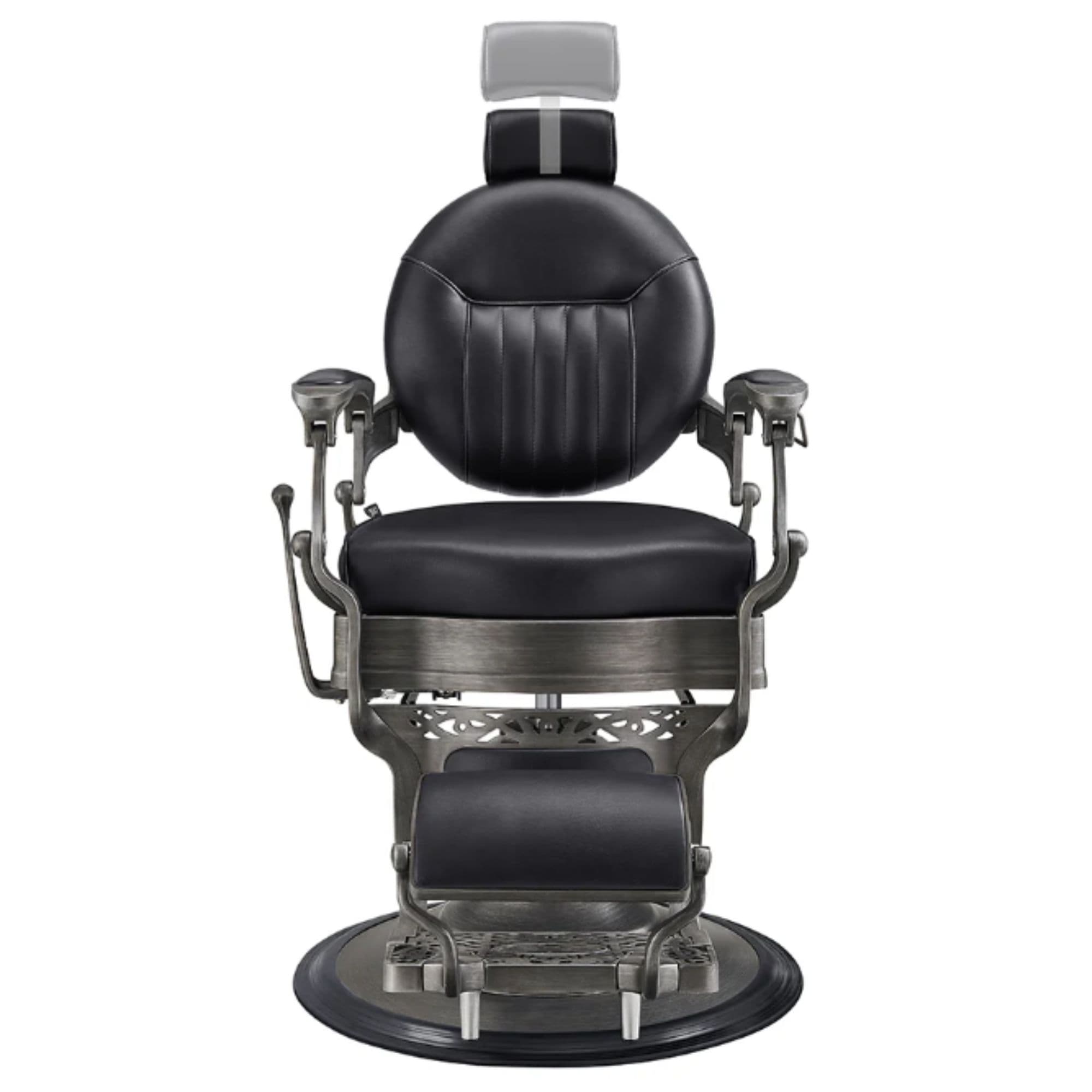 Kaiser Retro Style Vintage Barber Chair Black Variant Front View Demonstrating Pull Out Headrest Range On White Background