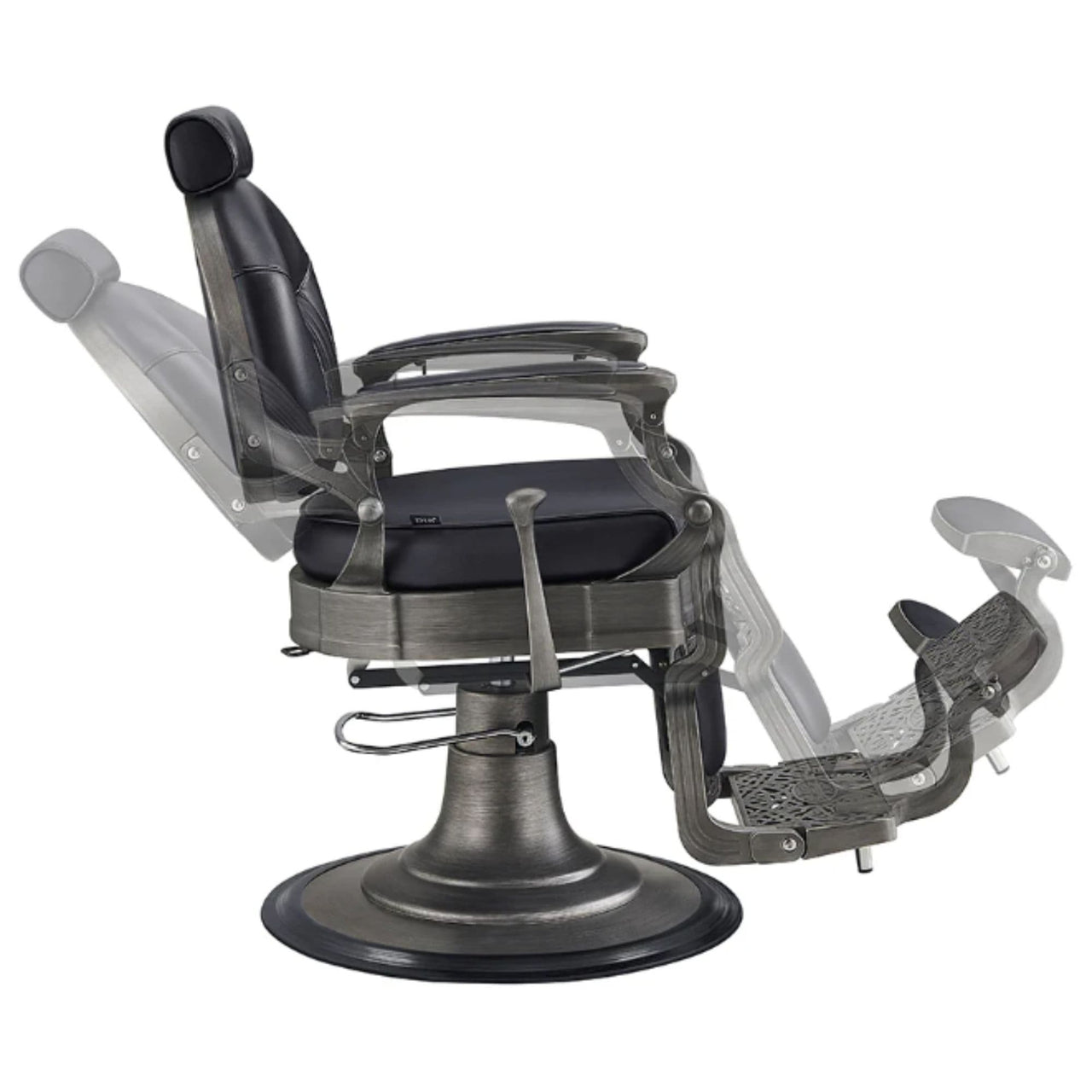 Kaiser Retro Style Vintage Barber Chair Black Variant Side View Demonstrating Swing Adjustment On White Background