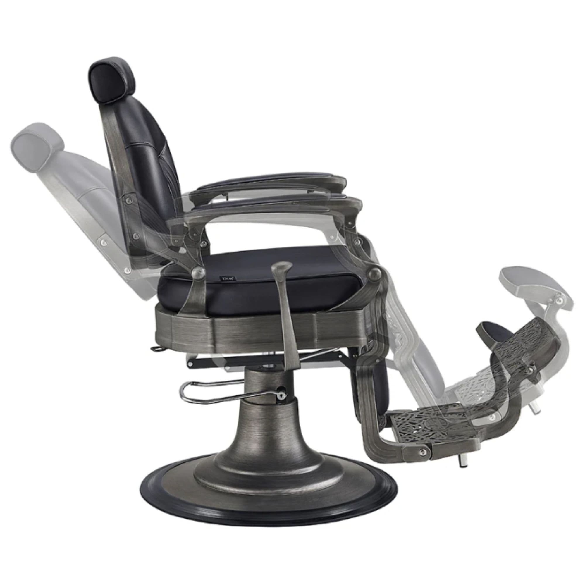 Kaiser Retro Style Vintage Barber Chair Black Variant Side View Demonstrating Swing Adjustment On White Background