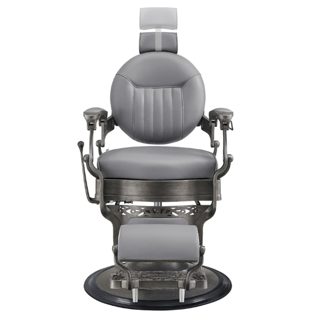 Kaiser Retro Style Vintage Barber Chair Gray Variant Front View Demonstrating Pull Out Headrest Range On White Background