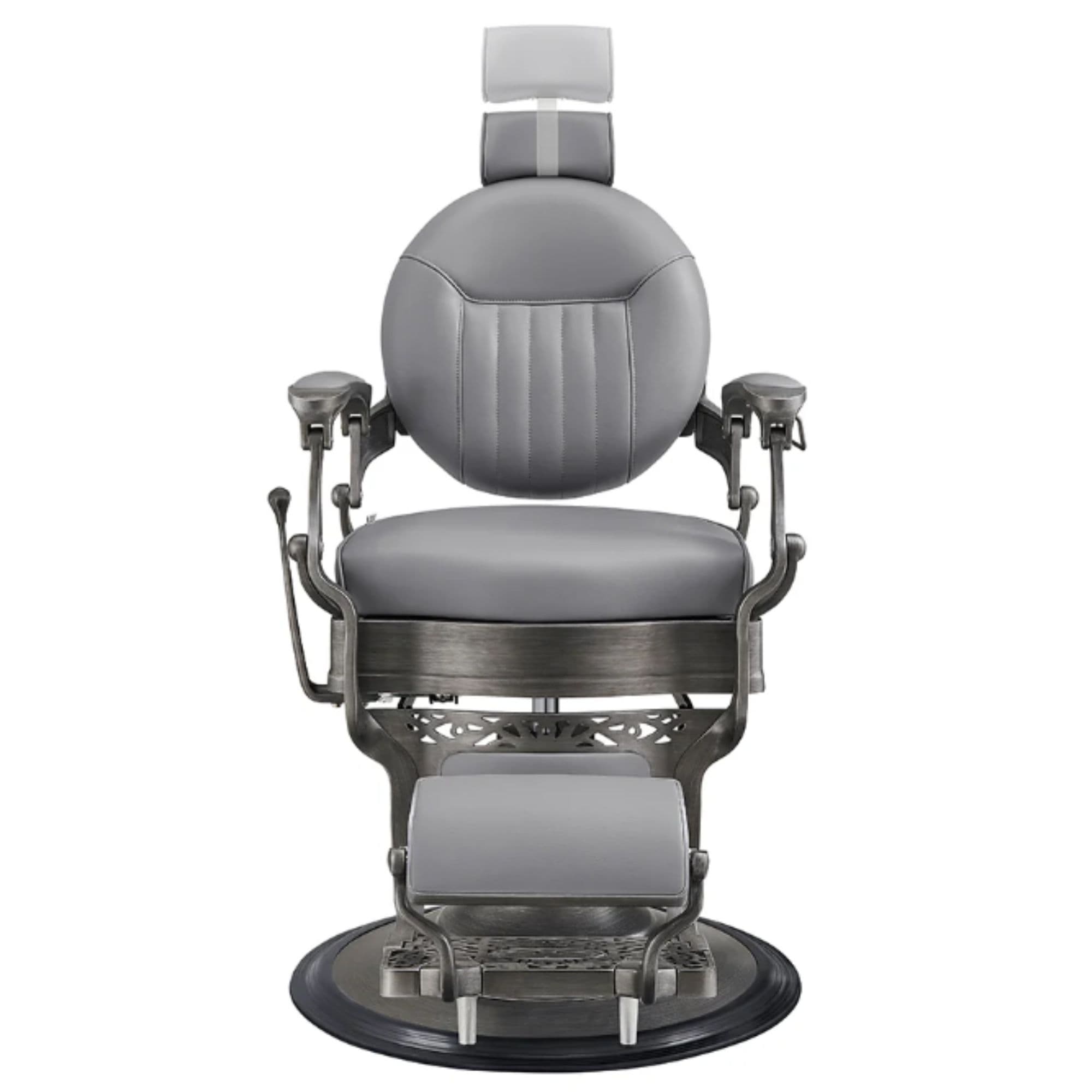 Kaiser Retro Style Vintage Barber Chair Gray Variant Front View Demonstrating Pull Out Headrest Range On White Background
