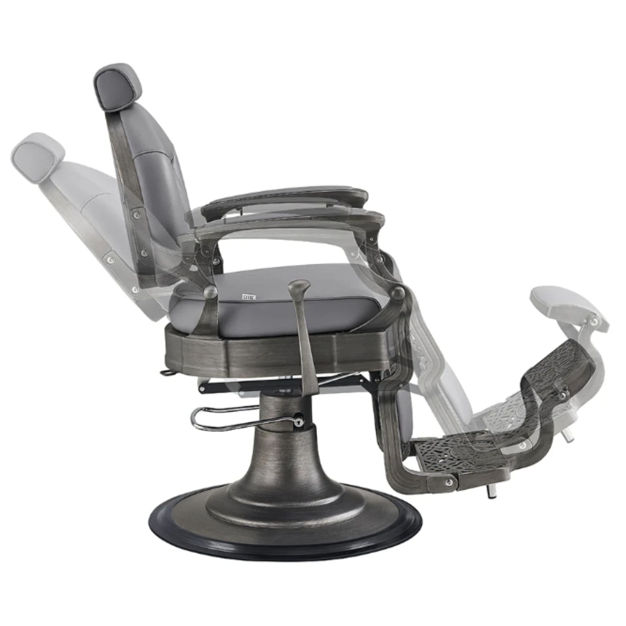 Kaiser Retro Style Vintage Barber Chair Gray Variant Side View Demonstrating Swing Adjustment On White Background